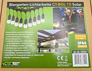 Biergarten-Lichterkette "CT-BGL 10Solar" - 2m + 4,5m, 10x Filament Led Lampe, IP44