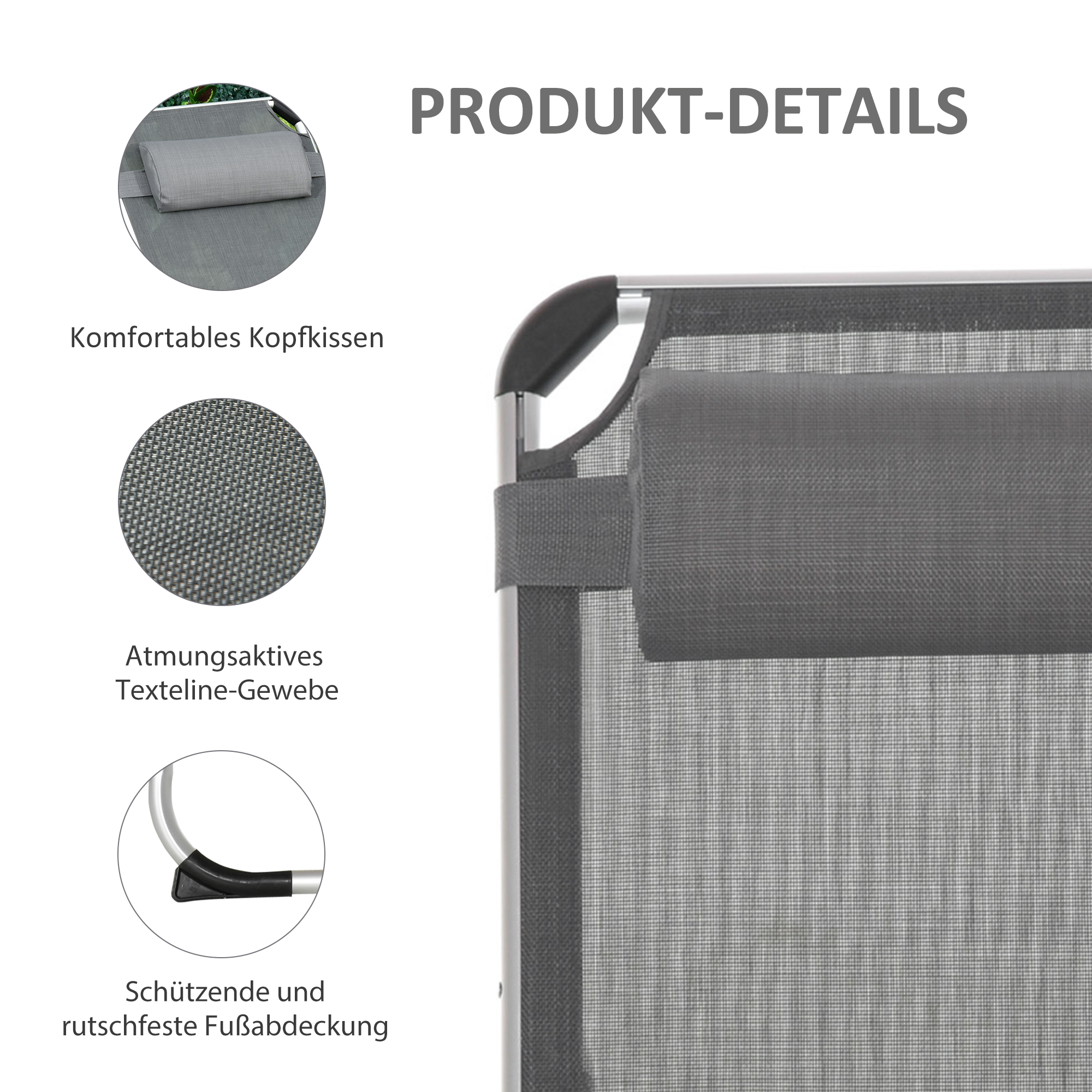Sonnenliege faltbar Gartenliege mit Kopfkissen Liegestuhl mit der 4-stufig verstellbaren Rückenlehne Campingliege bis 120 kg belastbar für Outdoor-Park, Garten, Grau