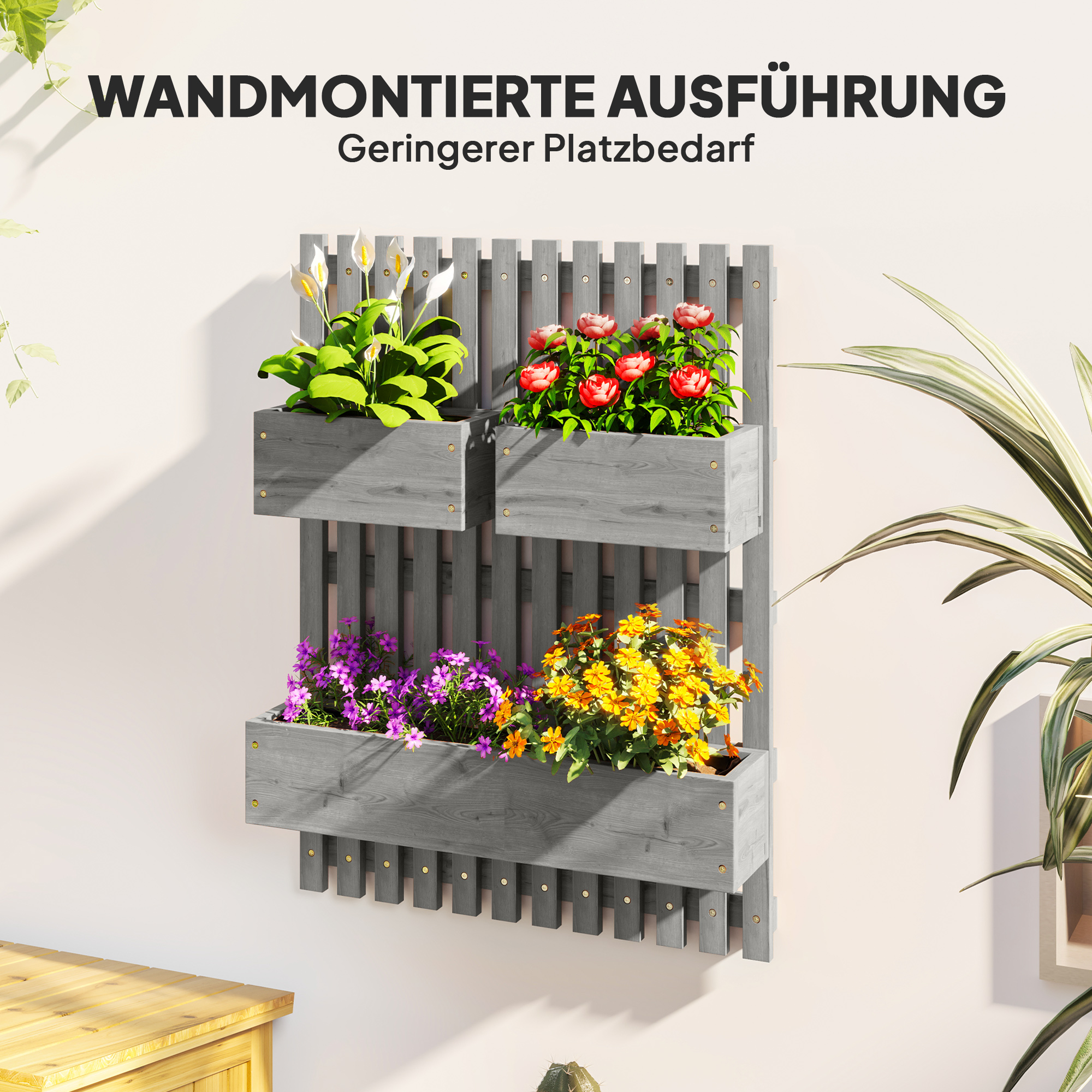 Blumenkasten-Set, Wandmontage, frei versetzbar, Massivholz, 60 x 16 x 80 cm