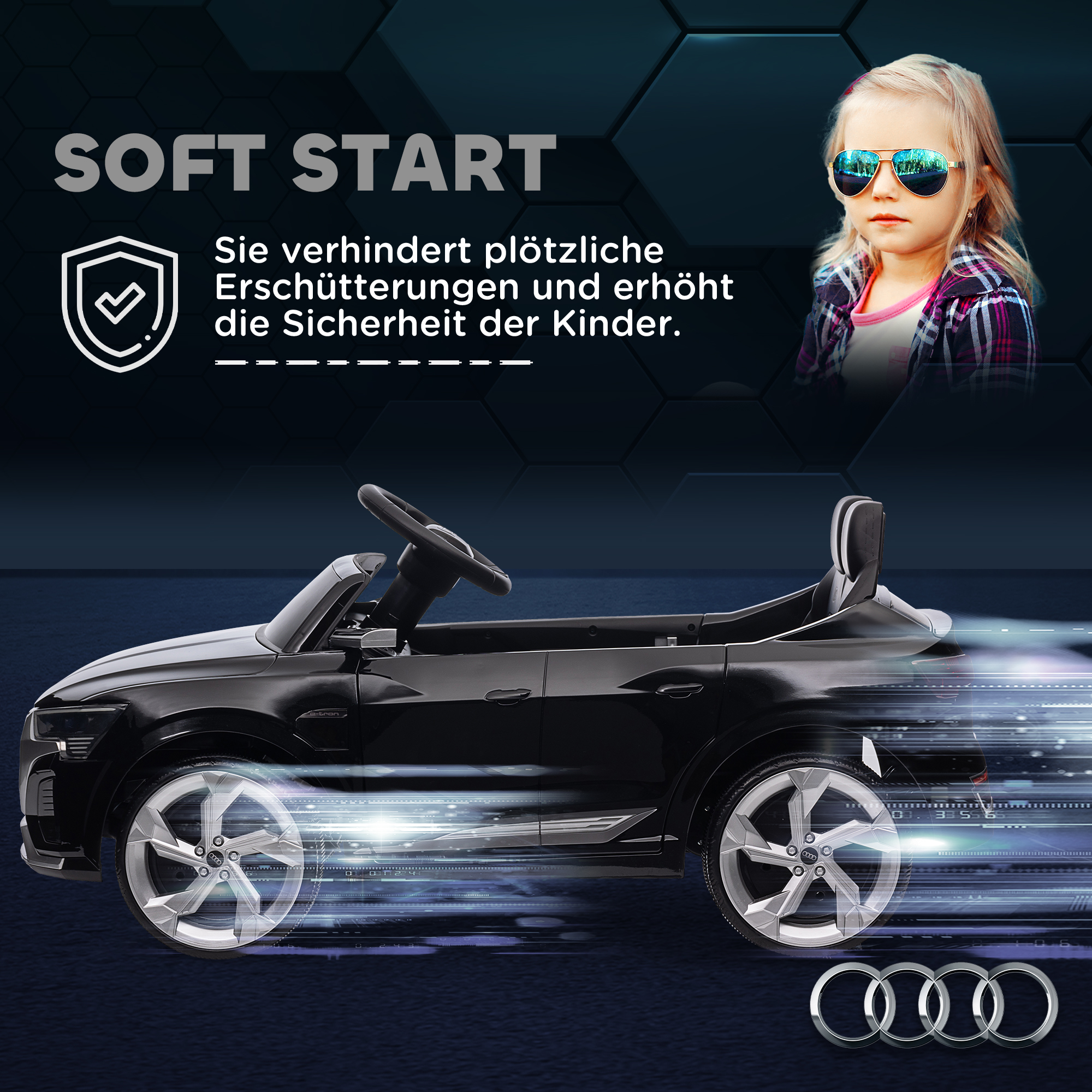 Elektro-Kinderauto, 12V Audi Q8, 3-5 km/h, Fernsteuerung, Scheinwerfer, Musik, Schwarz