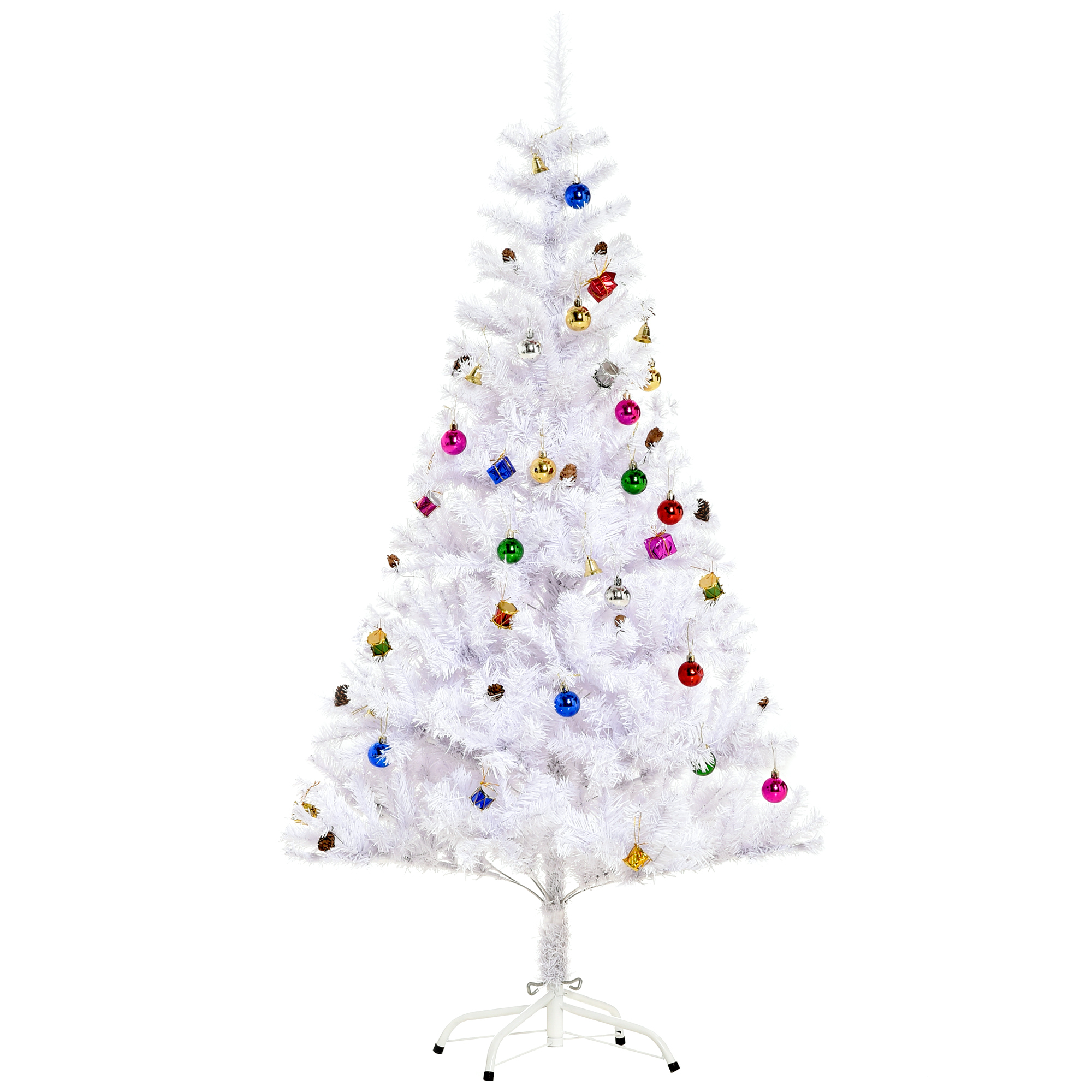 Künstlicher Weihnachtsbaum 150 cm künstlich Tannenbaum mit Kugeln, Glocken, Trommeln, Geschenkboxen, Christbaum mit 680 Spitzen, 12 Tannenzapfen Weihnachtsdeko inkl, Metallständer für drinnen