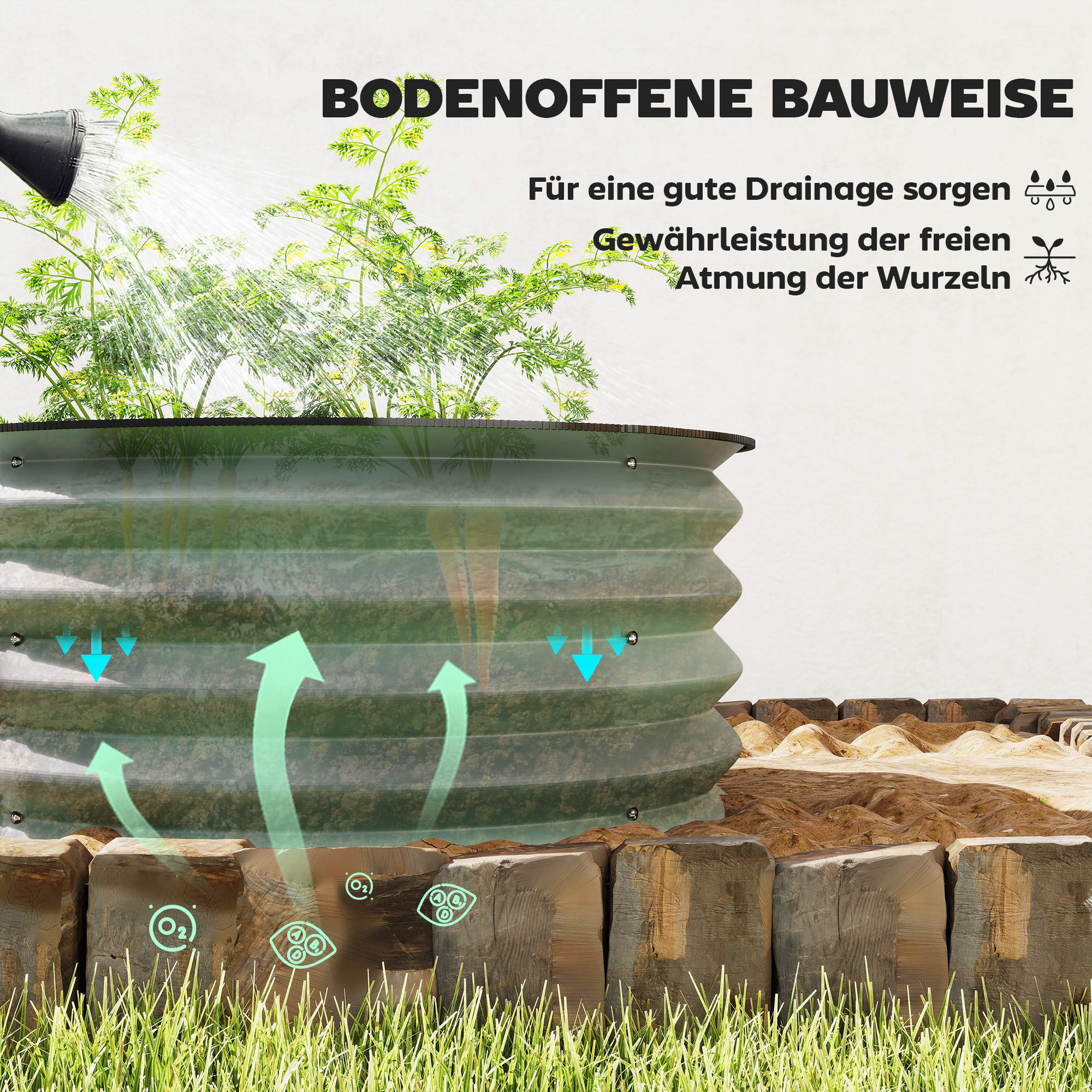 2er-Set Verzinkte Pflanzkübel, Ø60 x 30H cm Blumentöpfe mit offenem Boden für verschiedene Pflanzen, Grün