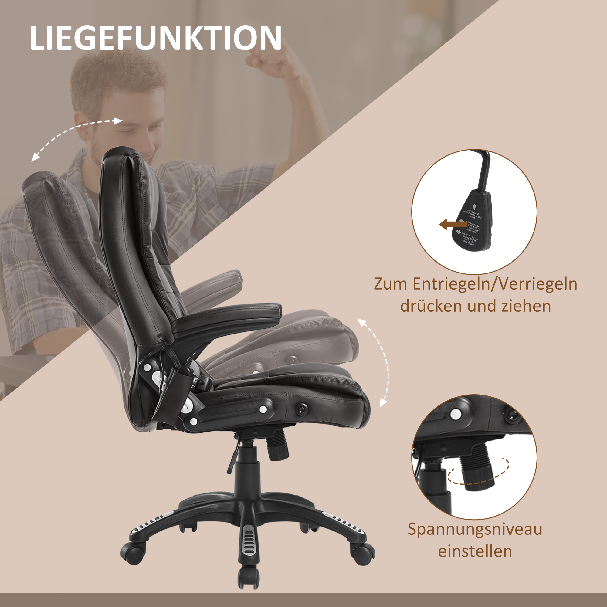 Bürostuhl mit Massagefunktion Ergonomischer Chefsessel mit Heizfunktion, Liegefunktion, Wippfunktion, Höhenverstellbar 360° Drehbar Schreibtischstuhl, Kunstleder, Braun