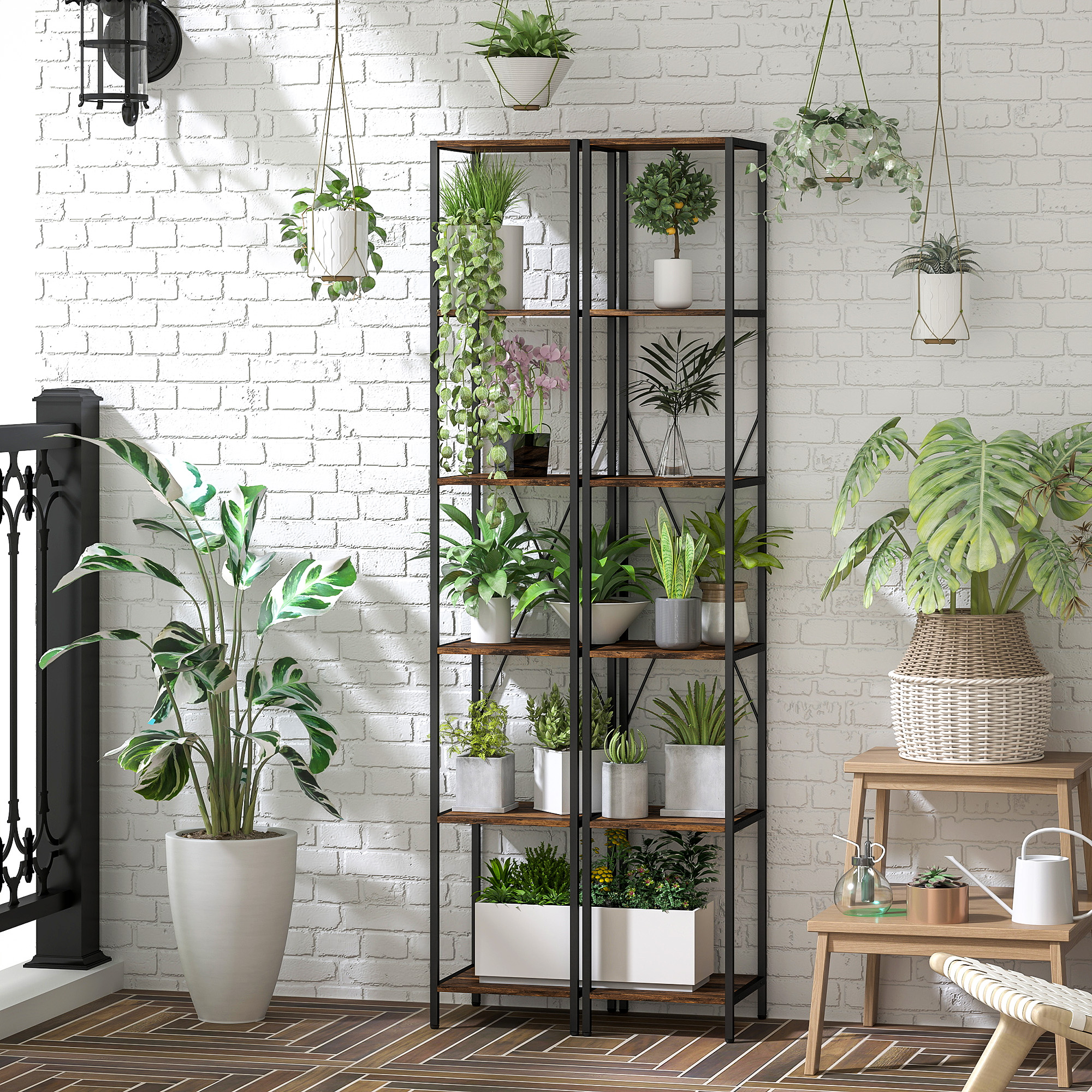 2er-Set 6-Ebenen-Bücherregal, Stahlrahmen, für Wohnzimmer, Büro, Schlafzimmer, Rustikal-Braun