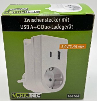 Zwischenstecker mit USB Duo-Ladegerät - 230V/3680W, USB-A /USB-C 5,0V/3,4A