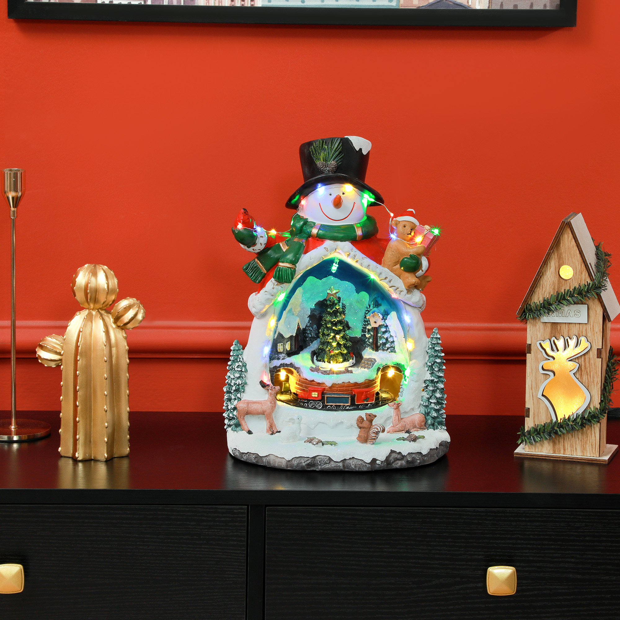 Weihnachtsdorf in Schneemann-Form mit fahrendem Zug, LED-Lichtern und Musik, festliche Tischdekoration, Mehrfarbig