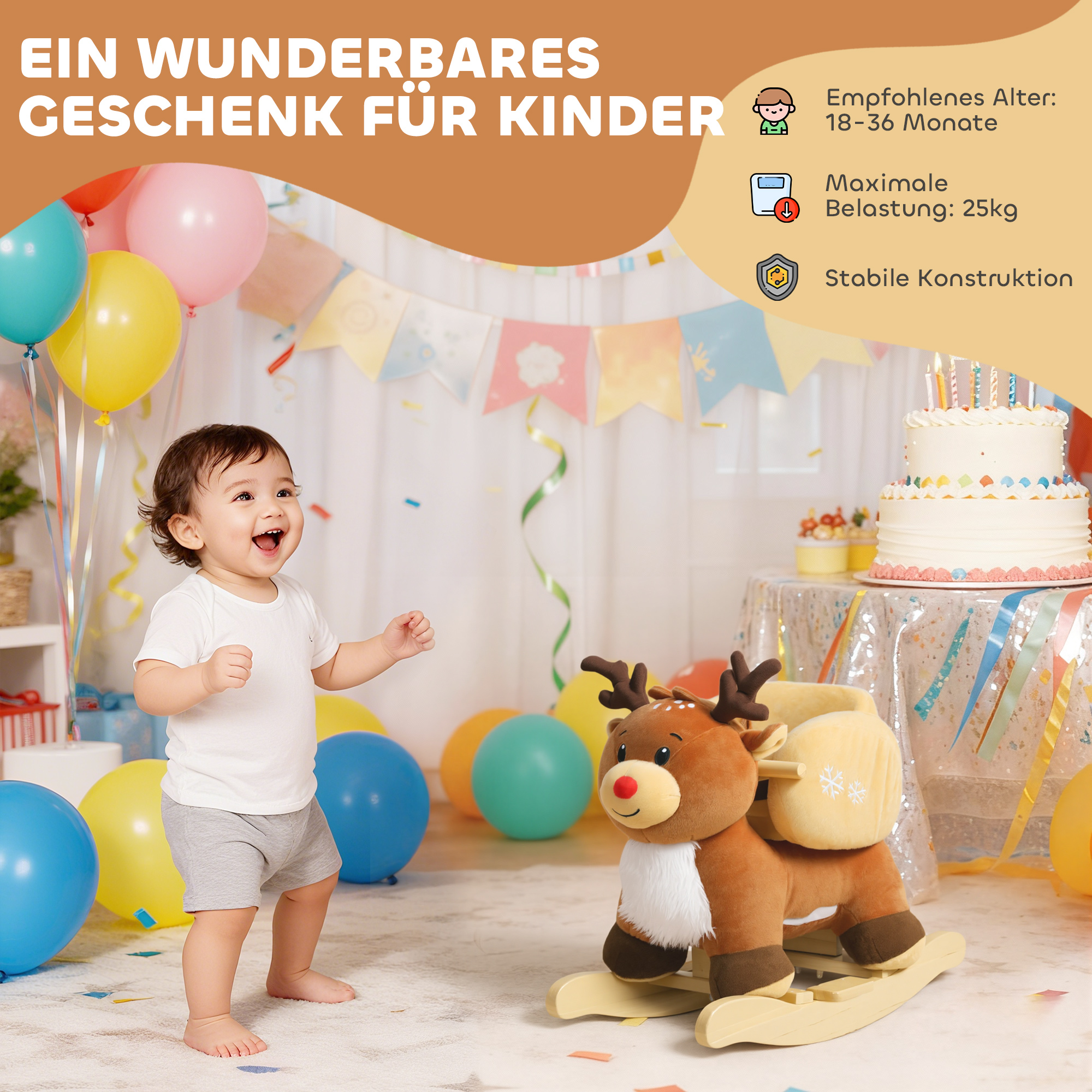 Kinder Schaukelpferd Baby Schaukeltier Rentier mit Schlafliedern, für 18-36 Monate Plüsch 65 x 35 x 59 cm Braun