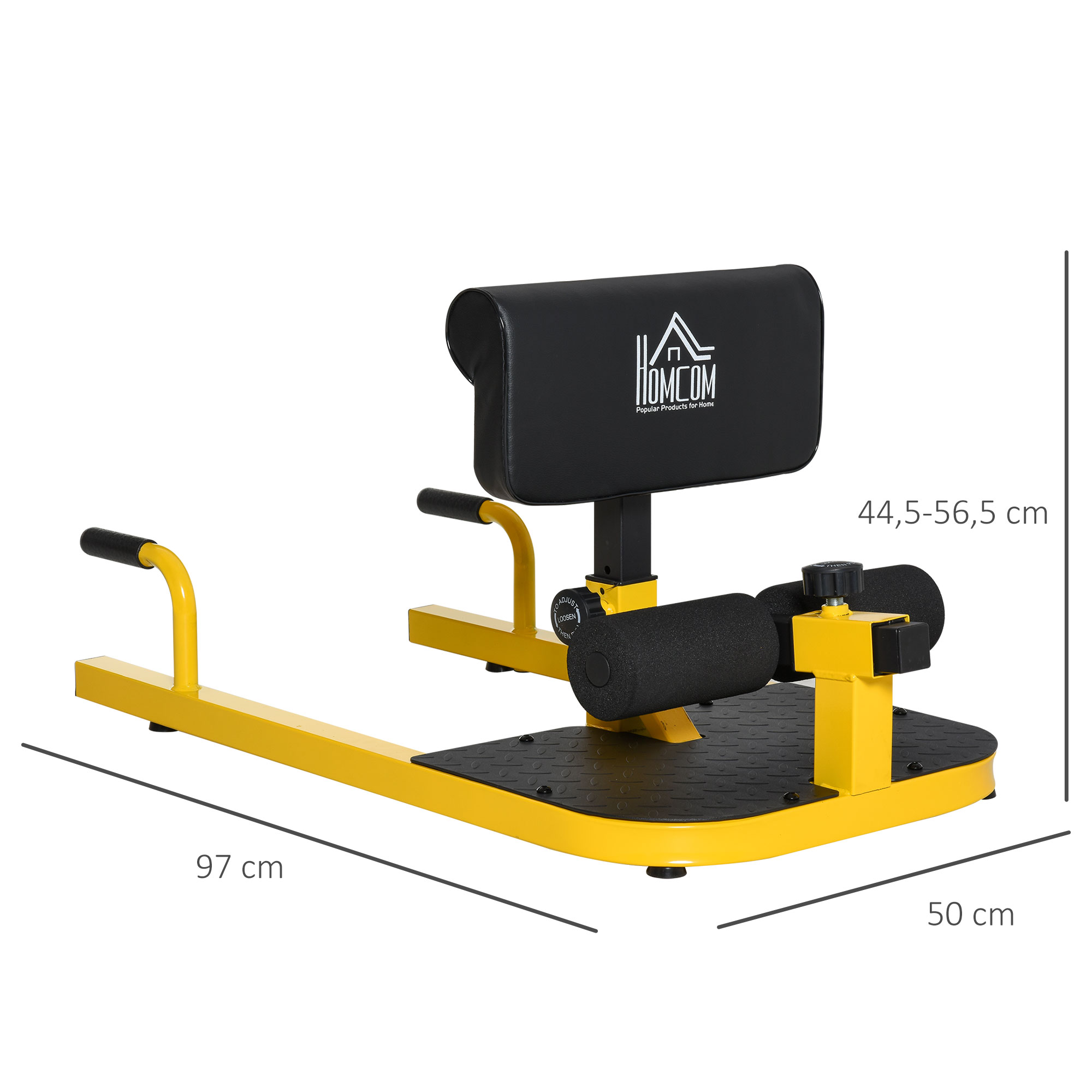 Sissy Squat Kniebeugentrainer Beintrainer Bauch-Gesäß-Trainer 3 in 1 Trainer verstellbar bis 120 kg Stahl Gelb+Schwarz 50 x 97 x (44,5-56,5) cm