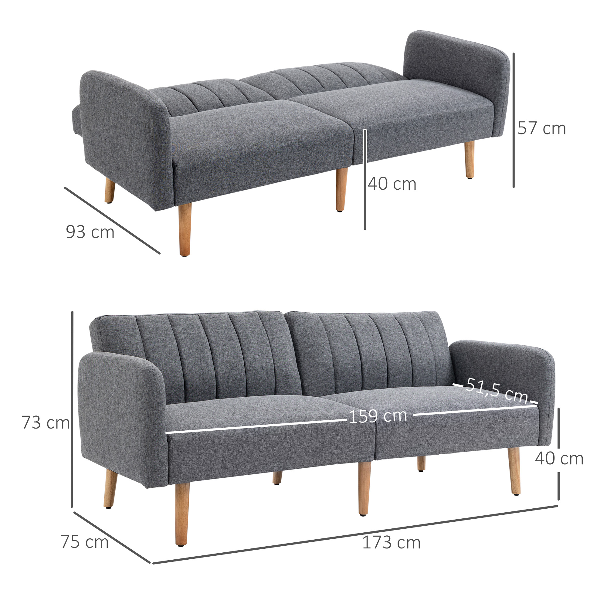 Schlafsofa, 2-Sitzer Stoffsofa, Sofa mit Schlaffunktion, leinenartiges Polyester, Kautschukholz, 173 x 75 x 73 cm, Grau