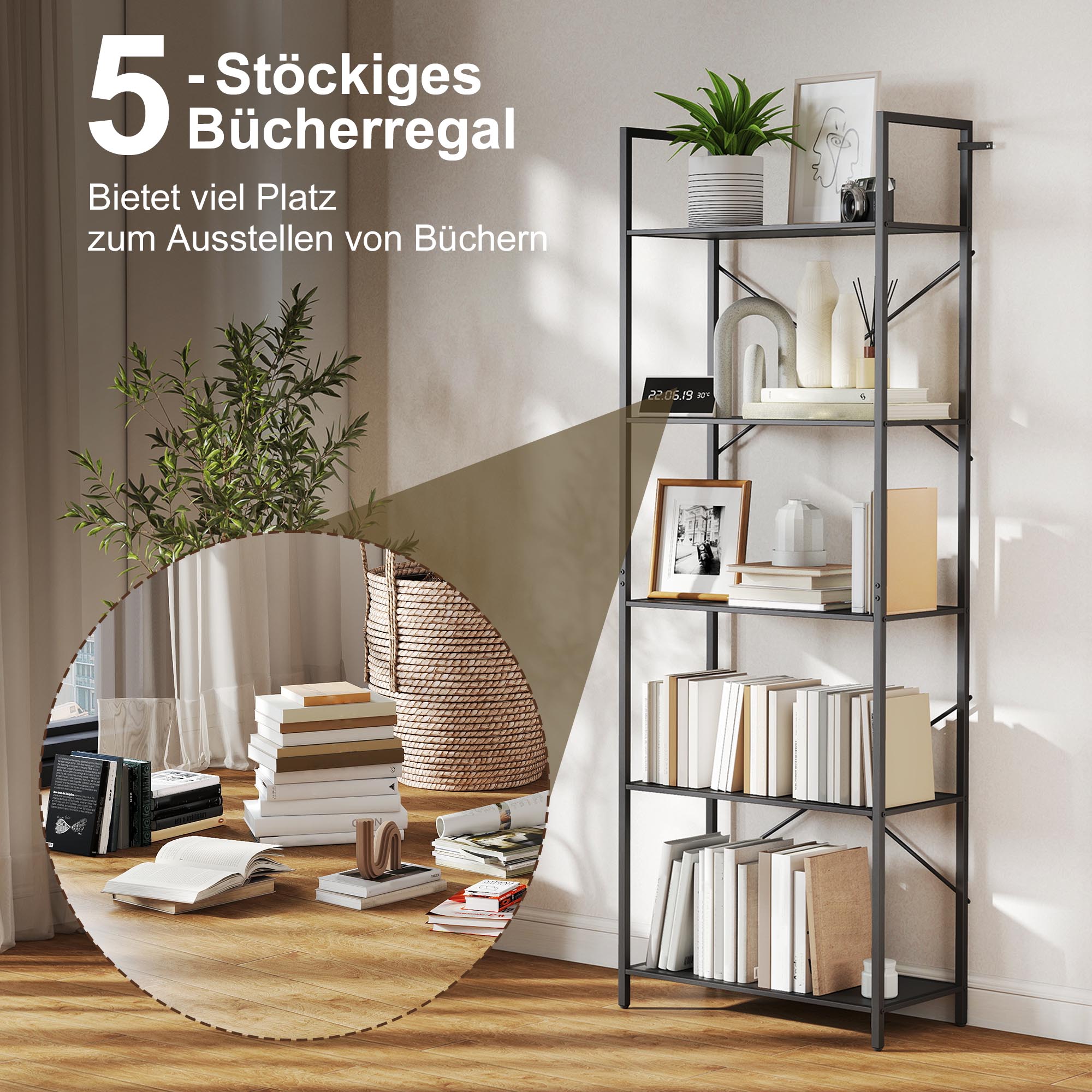 Bücherregal, Standregal mit 5 Ebenen, Industrielles Büroregal mit Metallrahmen, offenes Aufbewahrungsregal für Wohnzimmer, Büro, Arbeitszimmer, 60x30x170,5 cm, Schwarz