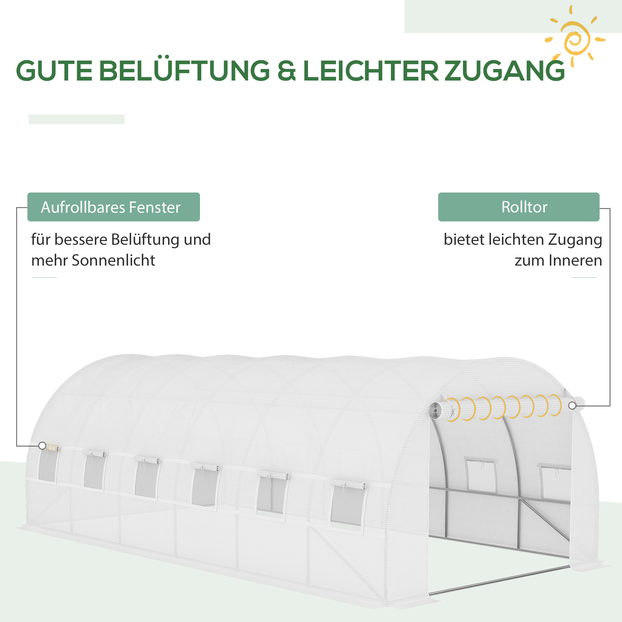 Ersatzfolie für 6x3x2 m Gewächshaus, robust, reißfest, 12 Fenster, Tür, Grün