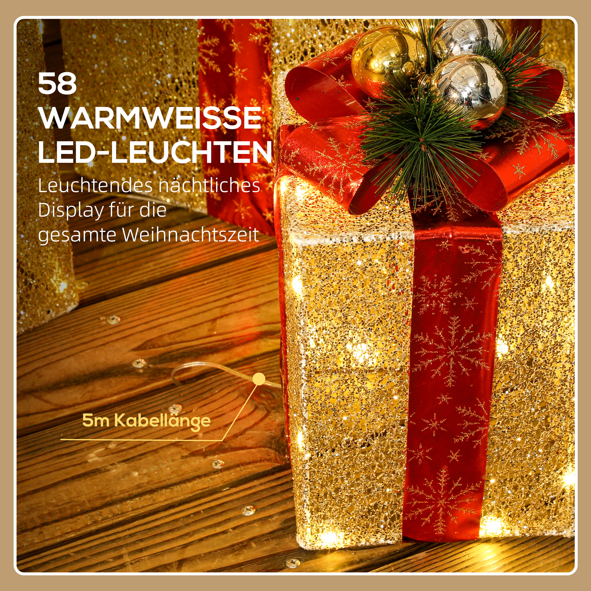 3-teiliges Weihnachts-Geschenkboxen-Set für Innen- und Außendekoration, mit 58 LED-Lichtern, Goldton