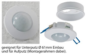 Decken-Einbau-Bewegungsmelder 360° FLAT - PIR, LED geeignet, 8m Detektion, 80x30mm