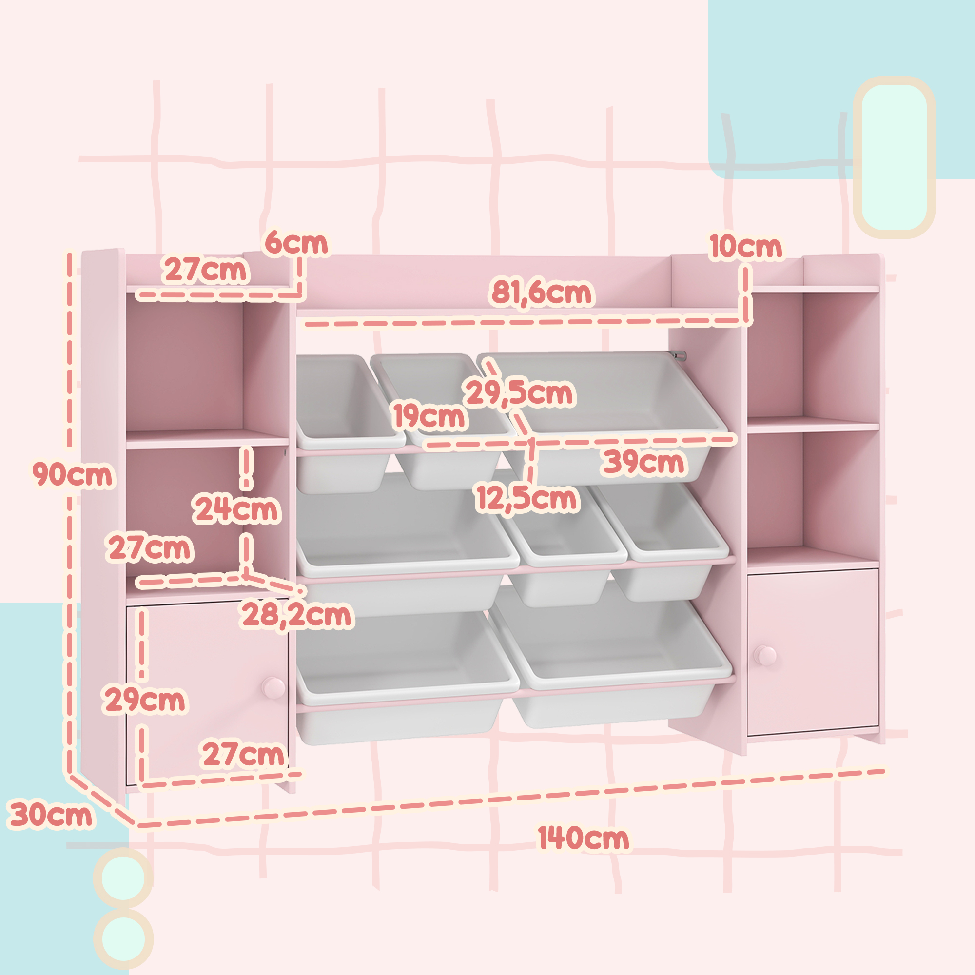 Kinder-Aufbewahrungsregal, Regal für Spielzeug und Bücher, zum übersichtlichen Aufräumen, 8 herausnehmbare Boxen, Rosa