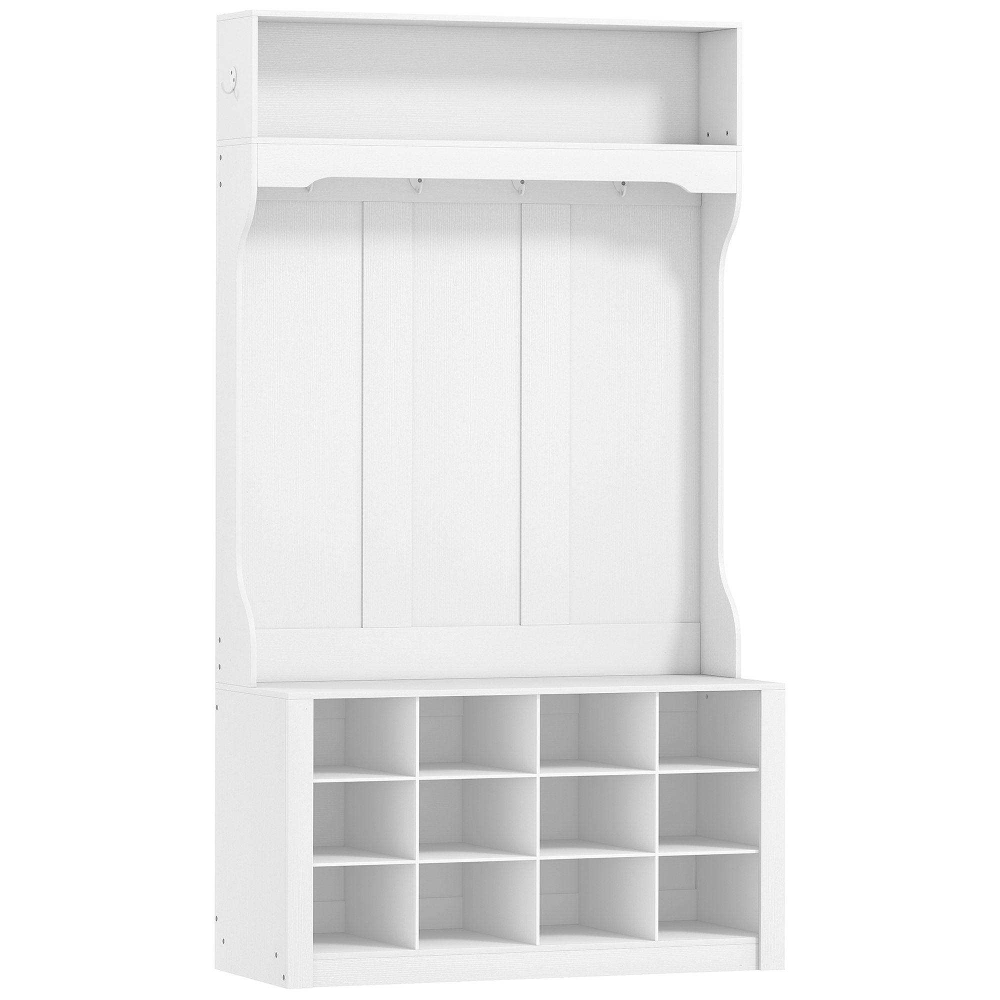 Garderobe mit Regal, Bank, Haken, Schuhfächern, Spanplatten, MDF, Weiß Garderobe mit Regal, Bank, Haken, Schuhfächern, Spanplatten, MDF, Weiß