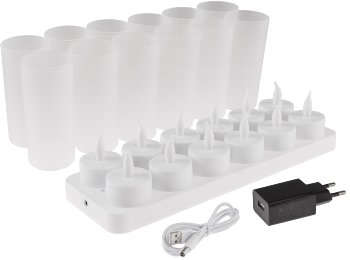 LED Teelichter, 12er Set, mit Windschutz, wiederaufladbar auf Ladestation