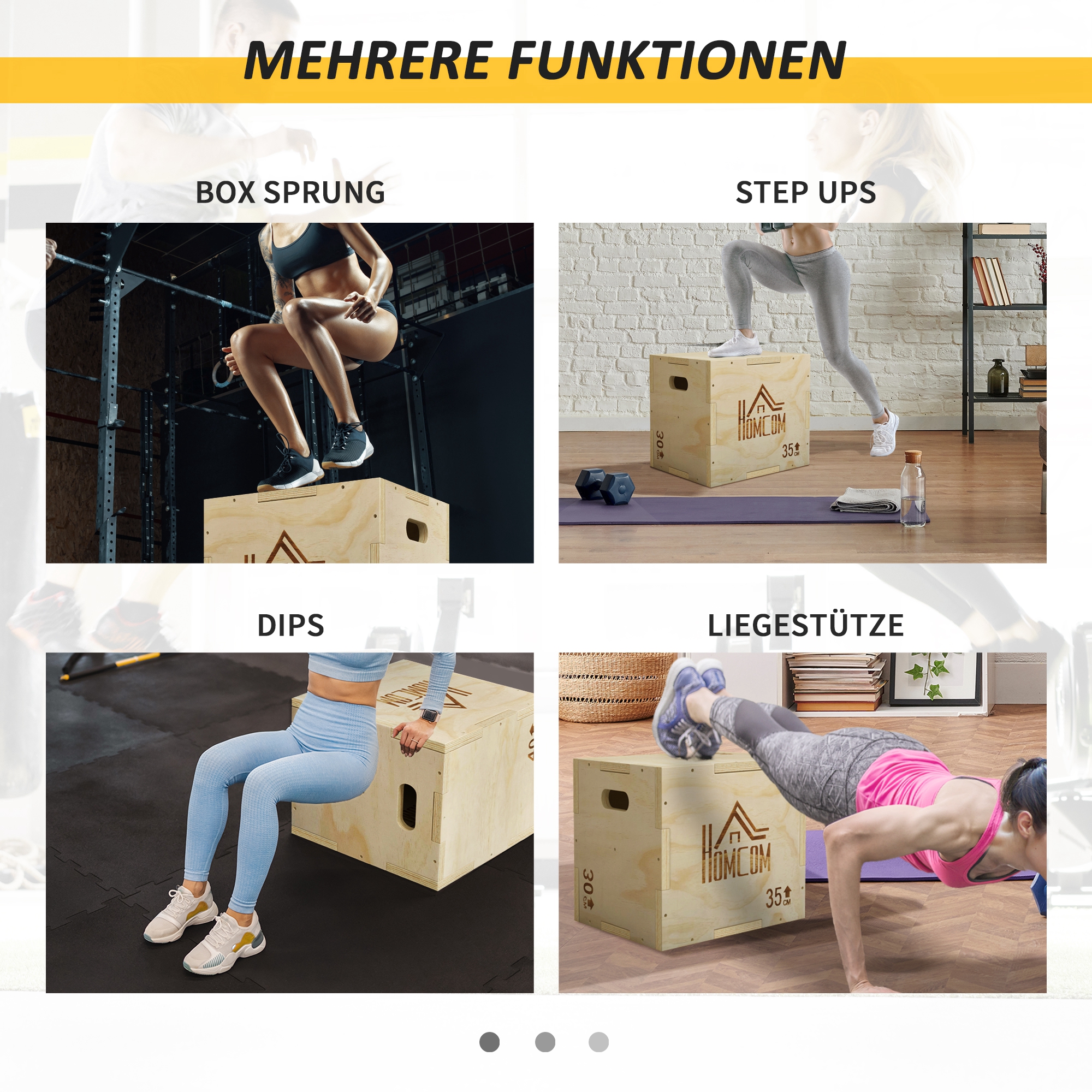 3-in-1 Plyo Box Holz Plyometrische Sprungbox mit 3 Sprunghöhen Griffen 40,5 x 35,5 x 30,5cm Naturholz