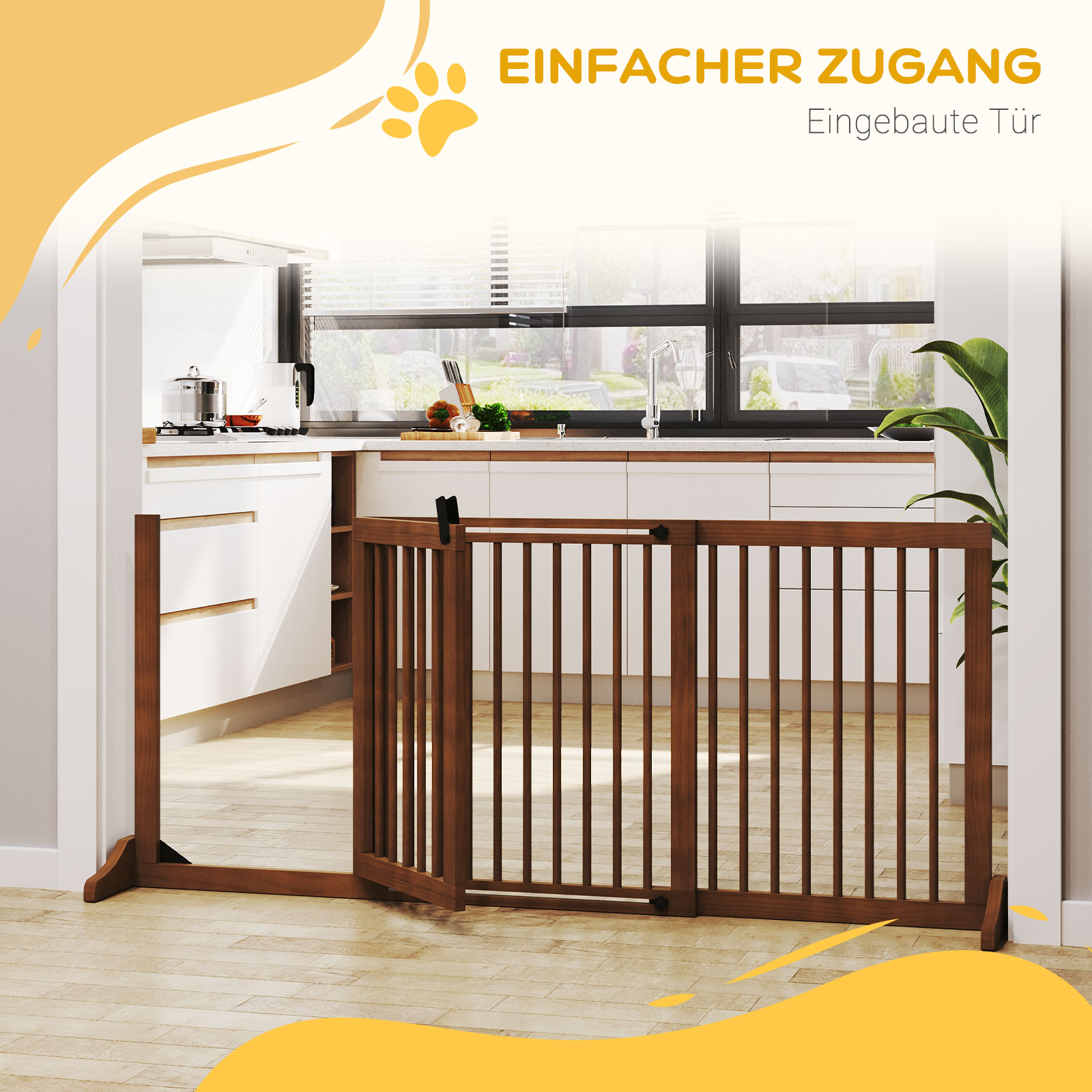 Absperrgitter Hunde Türschutzgitter Schutzgitter aus Holz Freistehendes Hundegitter mit Tür Hundeabsperrgitter Konfigurationsgitter für Kamin & Ofen Braun 113-166 x 36 x 71 cm