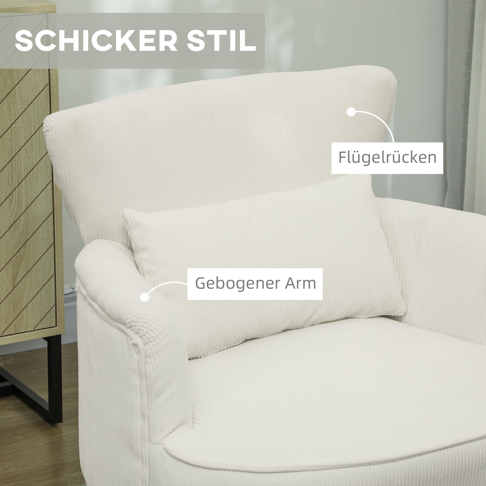 Moderner Armlehnstuhl, Gepolsterter Akzentstuhl mit Lendenkissen, Kautschukholzbeinen, Cremeweiß