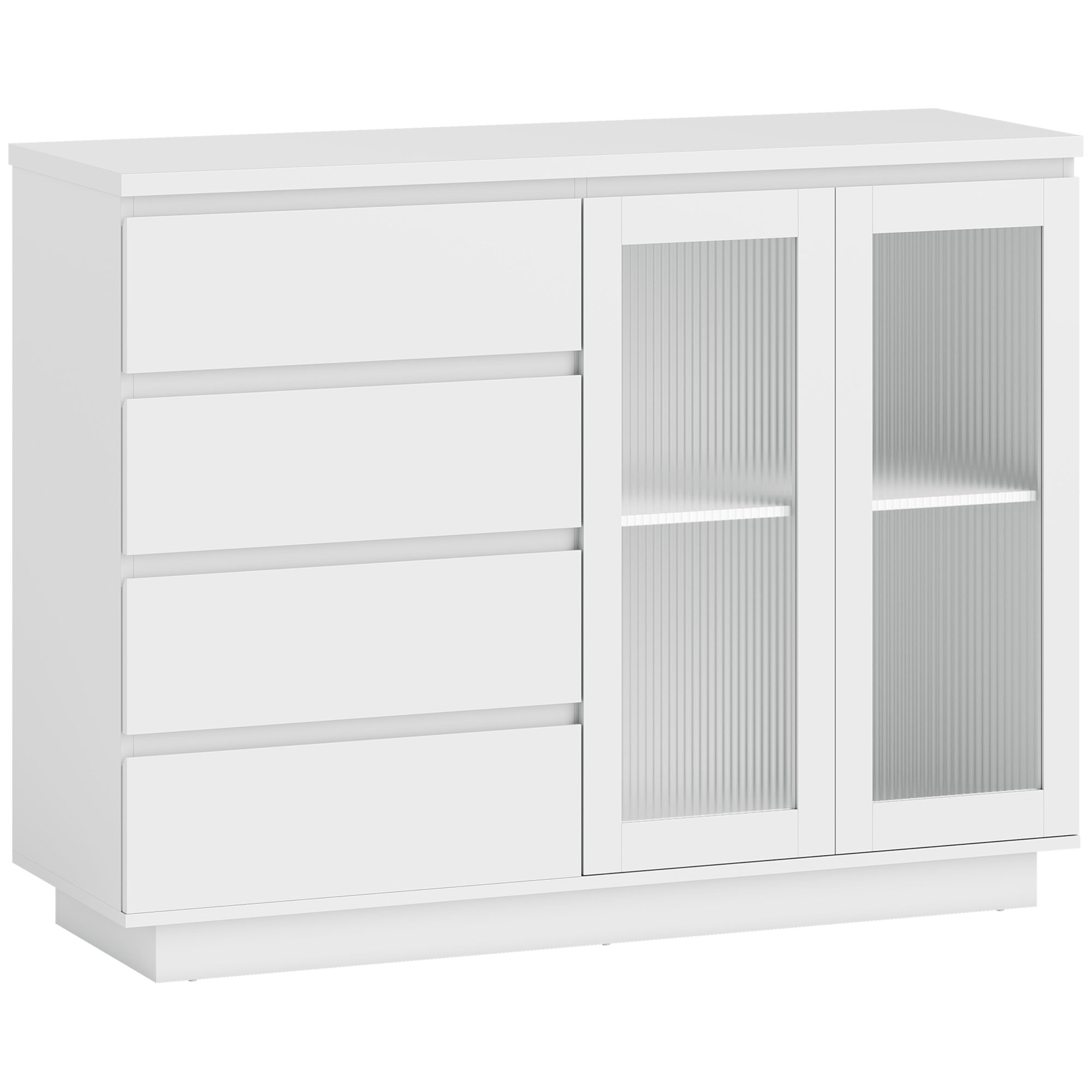 Buffetschrank, Sideboard mit 4 Schubladen, 2 Glastüren, modernes Design, MDF, Weiß