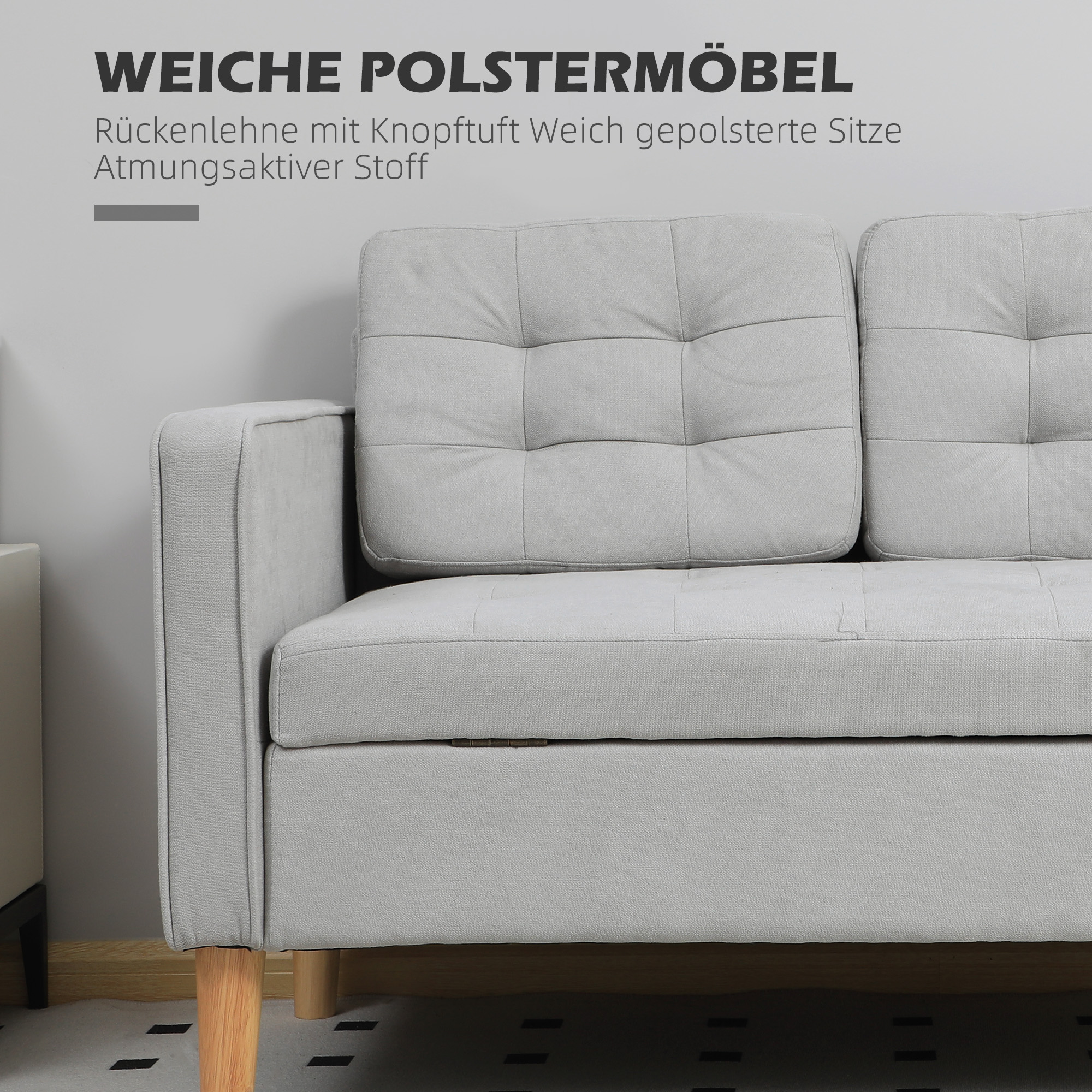 Zweisitzer-Sofa mit Stauraum, Knopfheftung, Kissen, Kautschukbaumholz, 117x62x78cm, Hellgrau