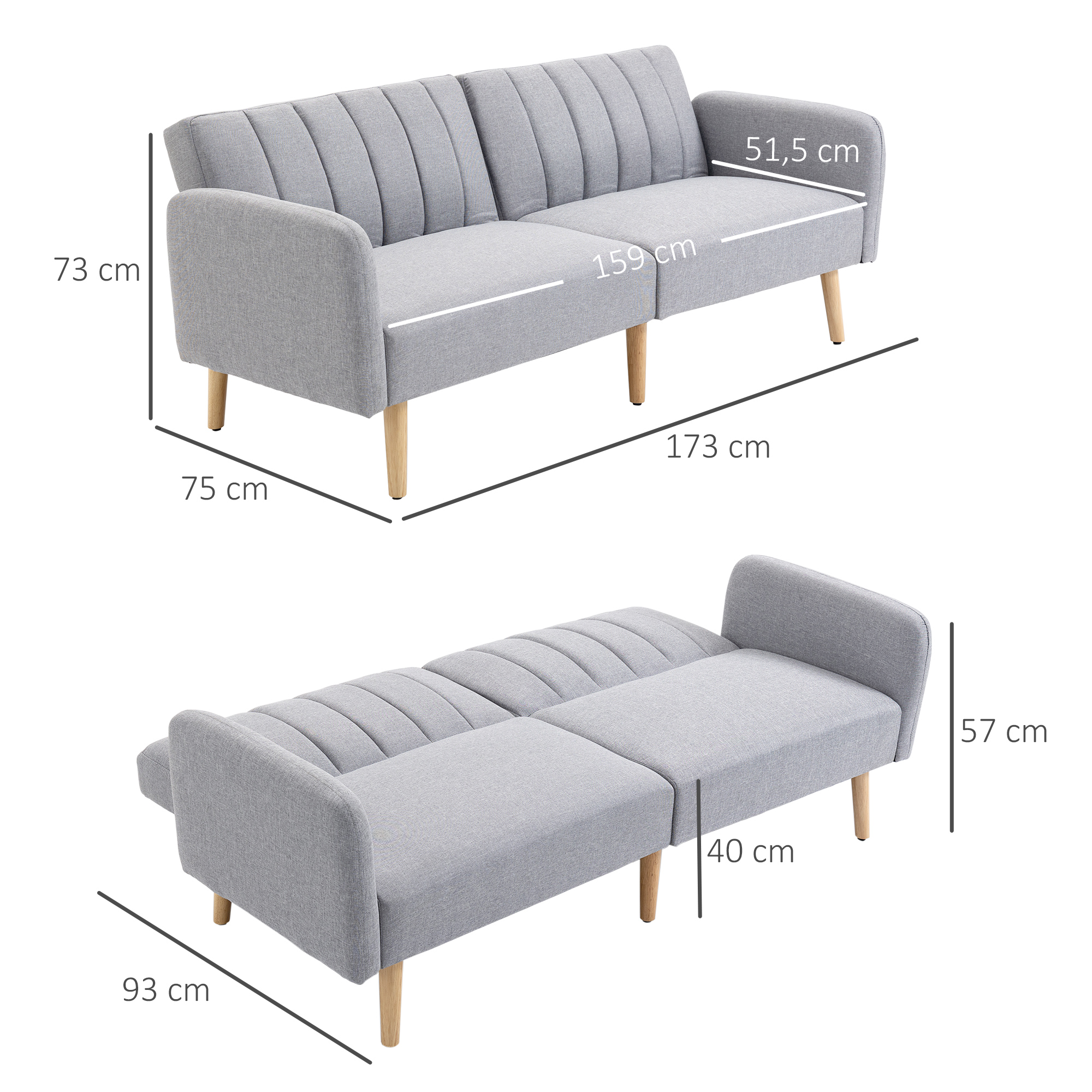 Schlafsofa, 2-Sitzer Stoffsofa, Sofa mit Schlaffunktion, leinenartiges Polyester, Kautschukholz, 173 x 75 x 73 cm, Grau