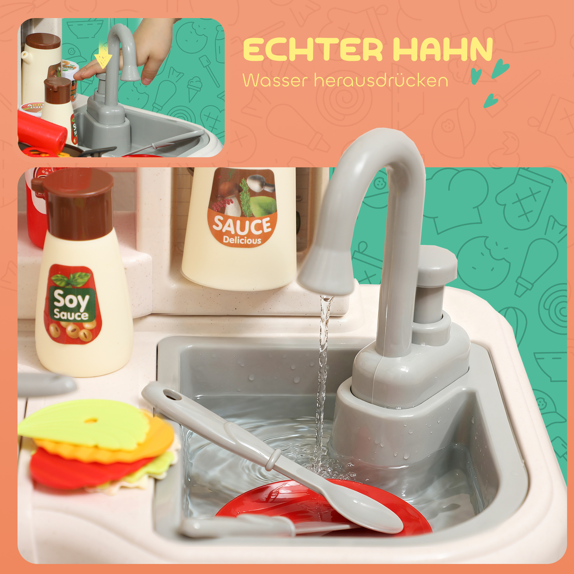 92-teiliges Küchenset für Kinder, Wasserhahn, Kunststoff, 3-6 Jahre, Grün