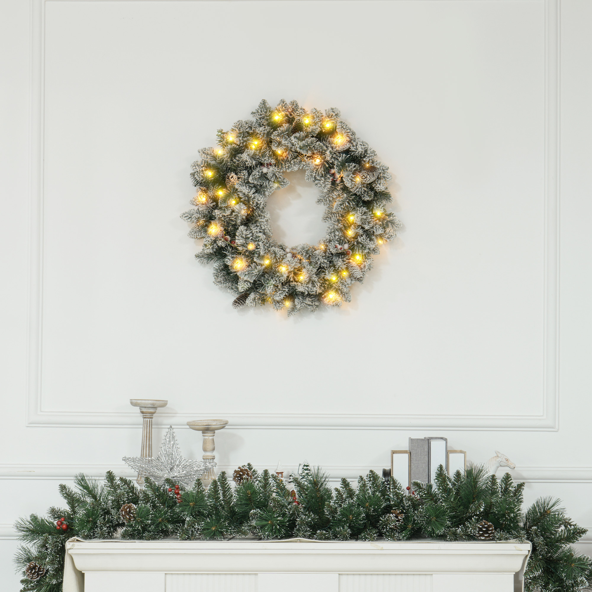 Weihnachtskranz mit LED-Beleuchtung, roten Beeren, realistisches Aussehen, Ø60 x 10 cm, Grün