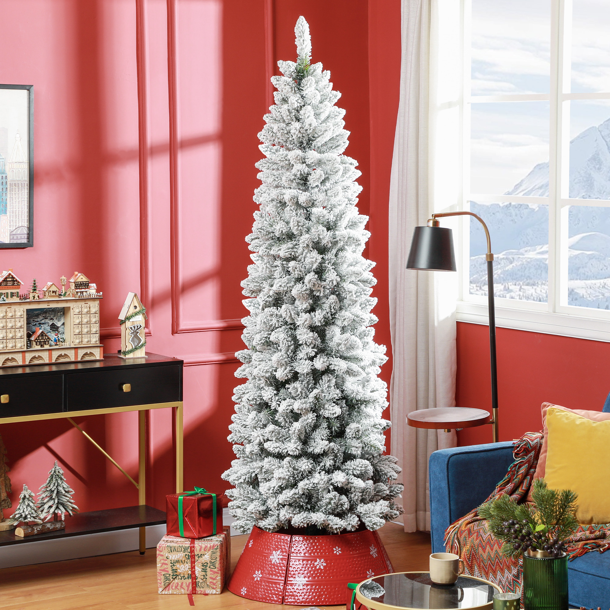 Künstlicher Weihnachtsbaum, flammenhemmend, mit Kunstschnee, schlank, Stahlfuß, 75 x 210 cm, Grün