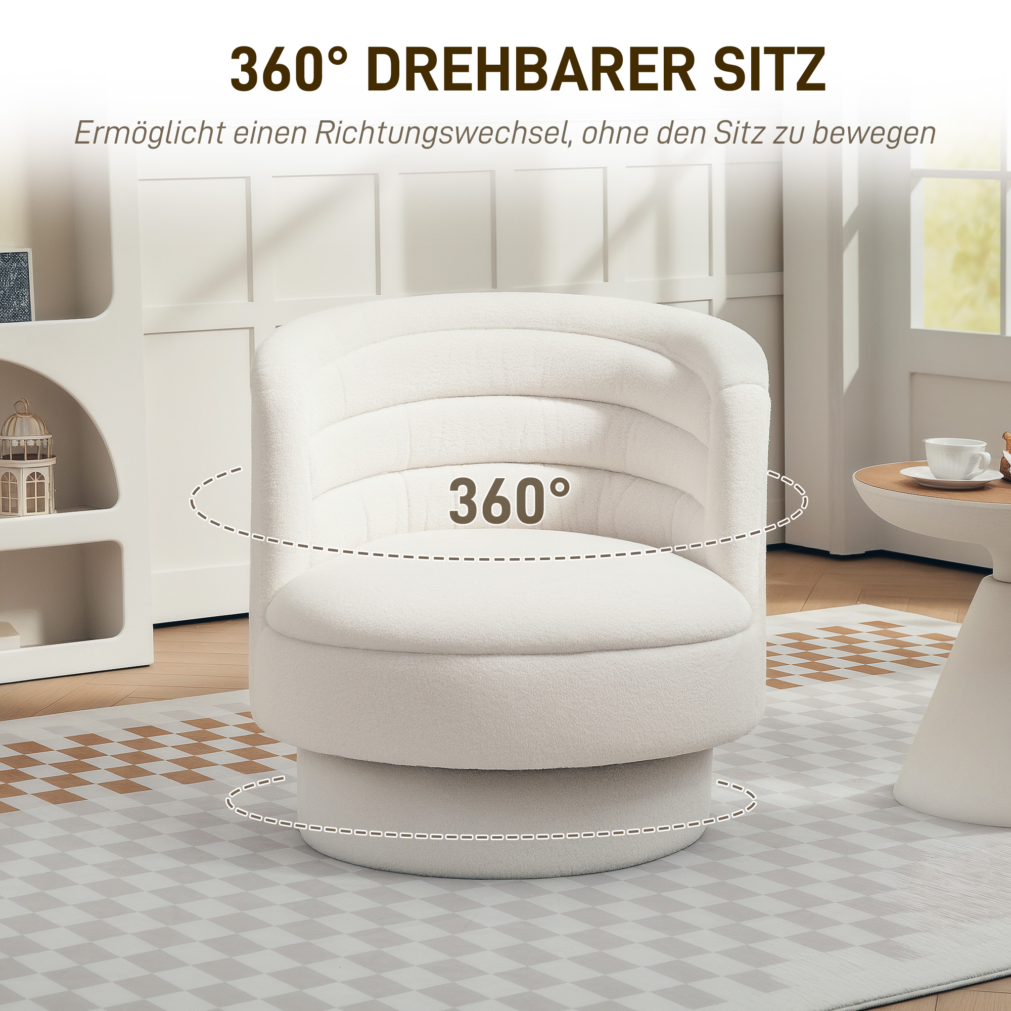 Drehbarer Polstersessel, Moderner Lounge-Sessel mit Kautschukholzrahmen, für Wohnzimmer, Schlafzimmer, Cremeweiß