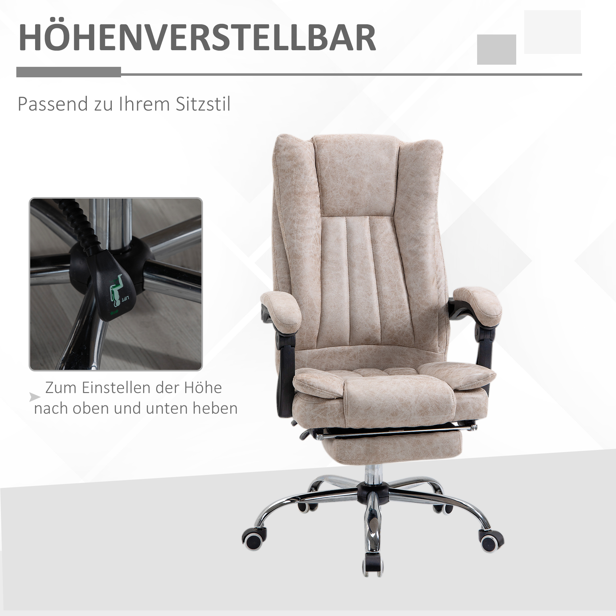 Bürostuhl Drehstuhl mit Liegefunktion Fußstütze Bürosessel Sitzhöhenverstellung Stuhl Schreibtischstuhl Mikrofaser Kunststoff Metall Nylon Beige+Schwarz+Silber 63 x 71 x 110-118 cm