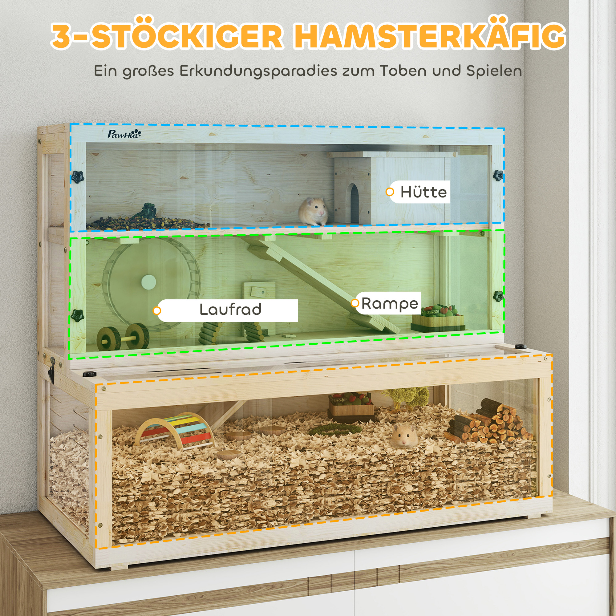 Hamsterkäfig, 3 Ebenen, Hütte, Zubehör, 100 x 50 x 84 cm, für mehrere Kleintiere, Holz, Kunststoff