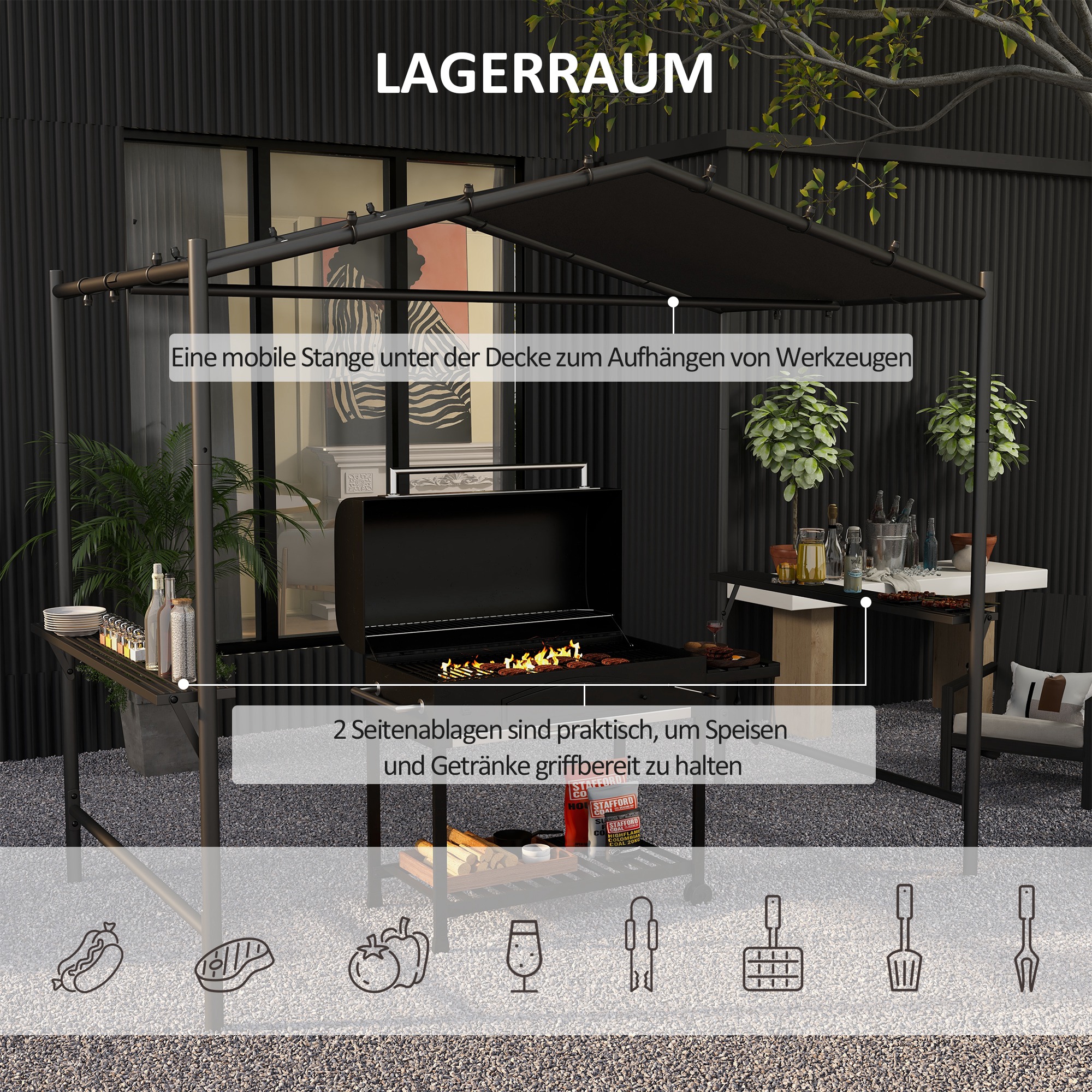 Grillzelt Grilldach, wetterbeständig, inkl, Seitentaschen, 277 x 149 x 230 cm, Dunkelgrau