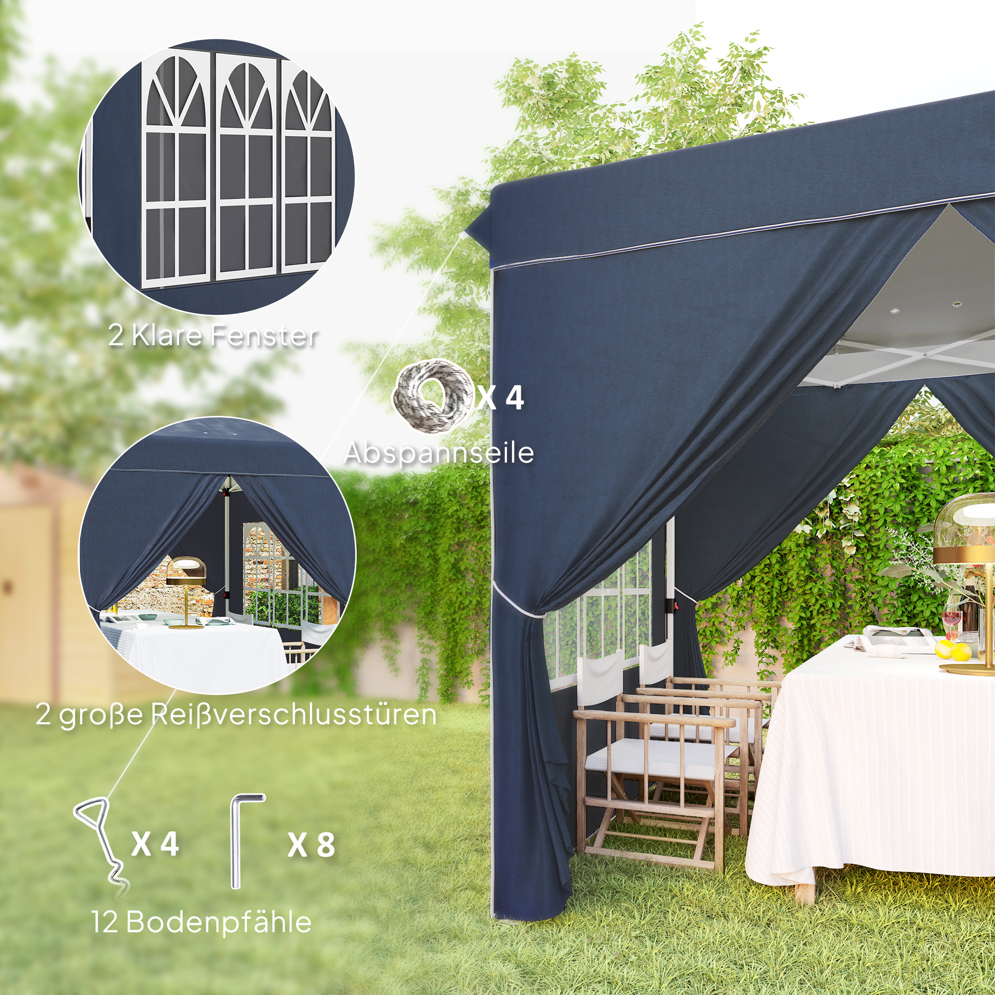 2,5 x 2,5 m Pop-up-Pavillon mit Seitenwänden und Tragetasche, UPF50+ höhenverstellbares Gartenzelt, Dunkelblau