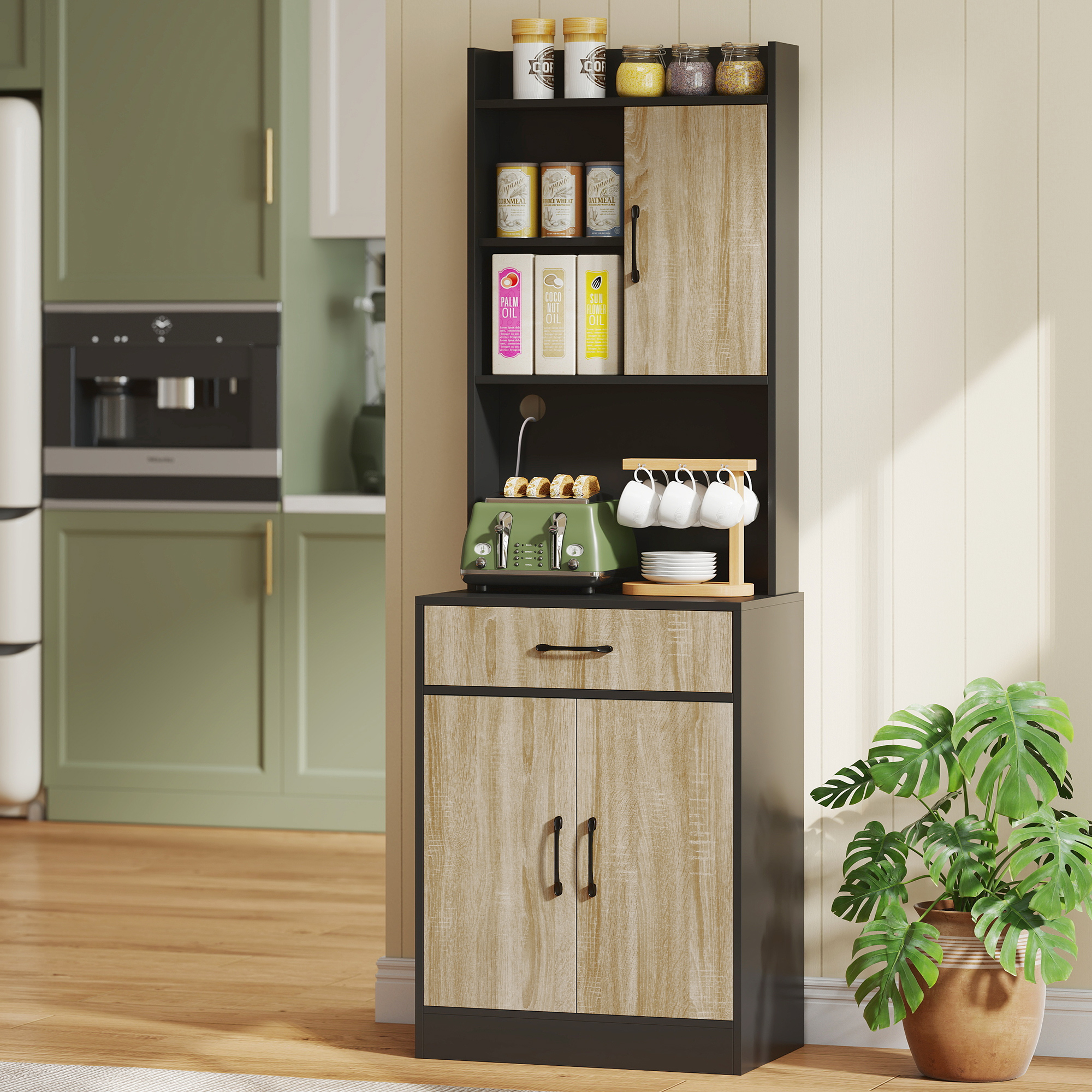 Küchenschrank mit Arbeitsfläche und Kabelloch, moderne Küchenkommode mit Schublade, 3 offene Regale, Naturholz, Schwarz