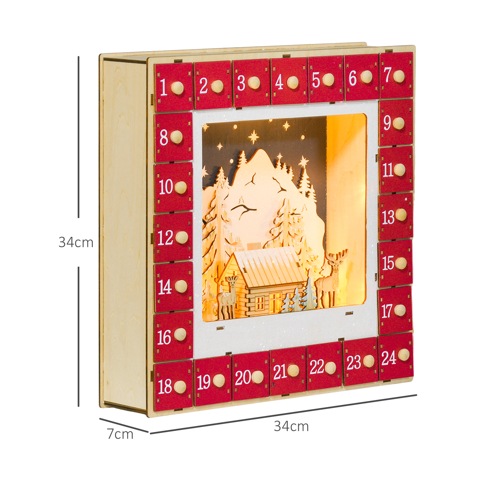 LED Adventskalender mit Dorfszene, 24 große Schubladen, MDF, 34 x 7 x 34 cm, Rot