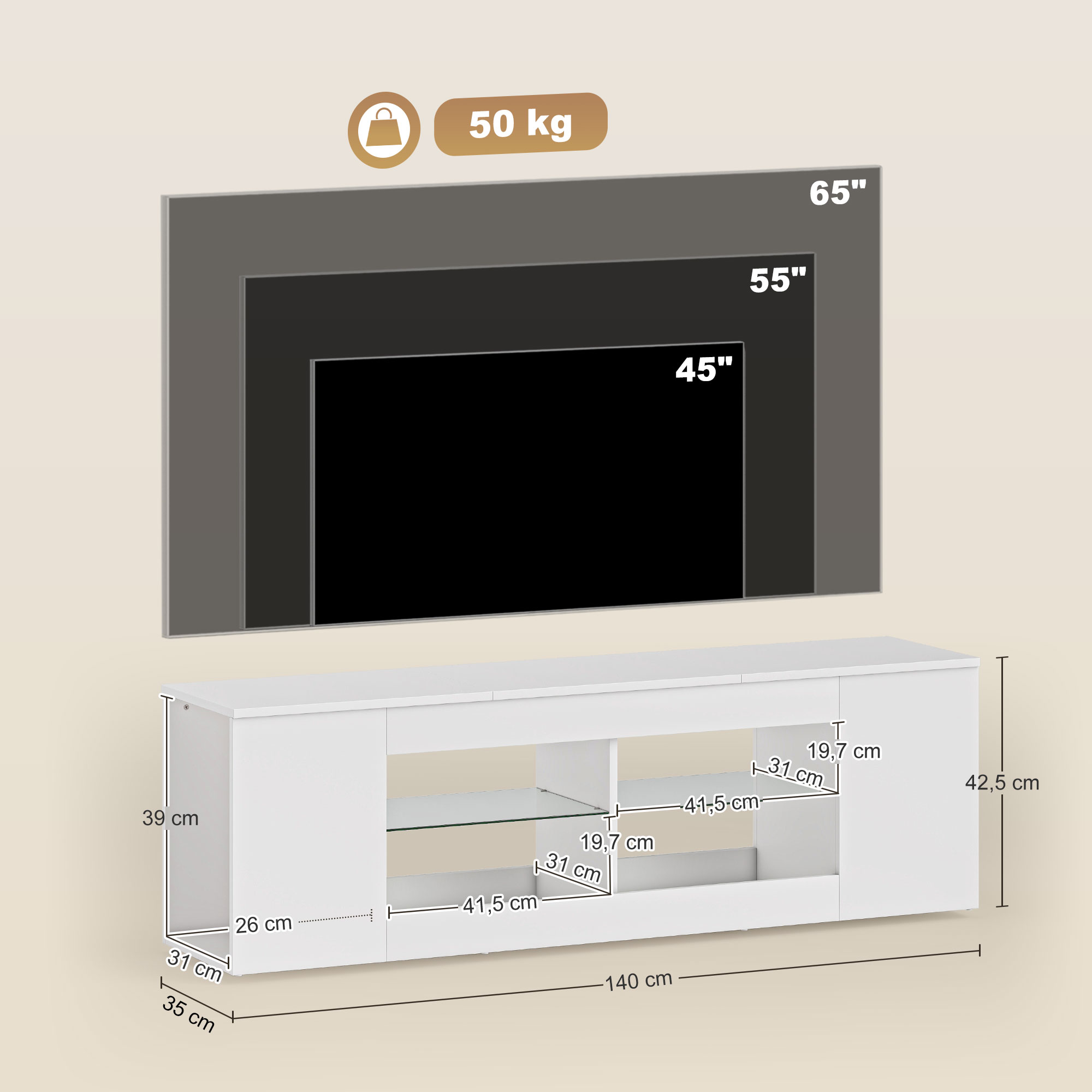 140 cm TV-Ständer, Fernseh-Kommode, 6 Fächer, 2 Glasregale, Spanplatte, Weiß