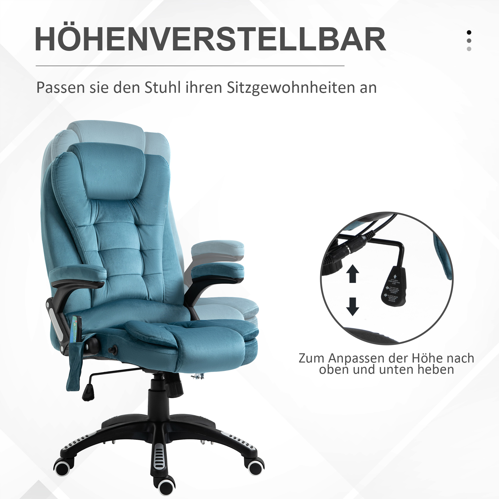 Bürostuhl Massagesessel mit Wärmefunktion Chefsessel mit Massagefunktion höhenverstellbarer ergonomischer Gamingstuhl massage Blau 68 x 72 x 110-120 cm