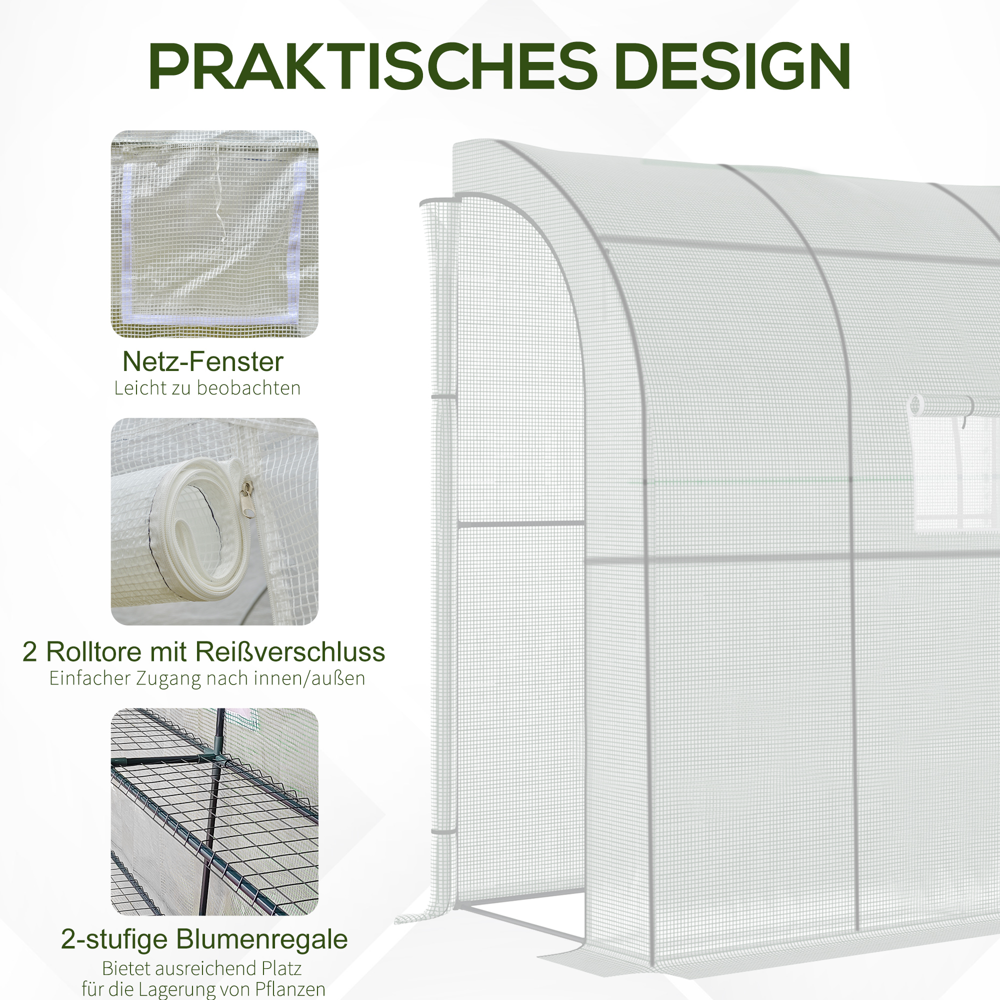 Foliengewächshaus Tomatengewächshaus mit Mesh Fenster, Treibhaus mit aufrollbaren Türen, Anzuchthaus mit UV Schutz, Weiß, 200 x 100 x 215 cm