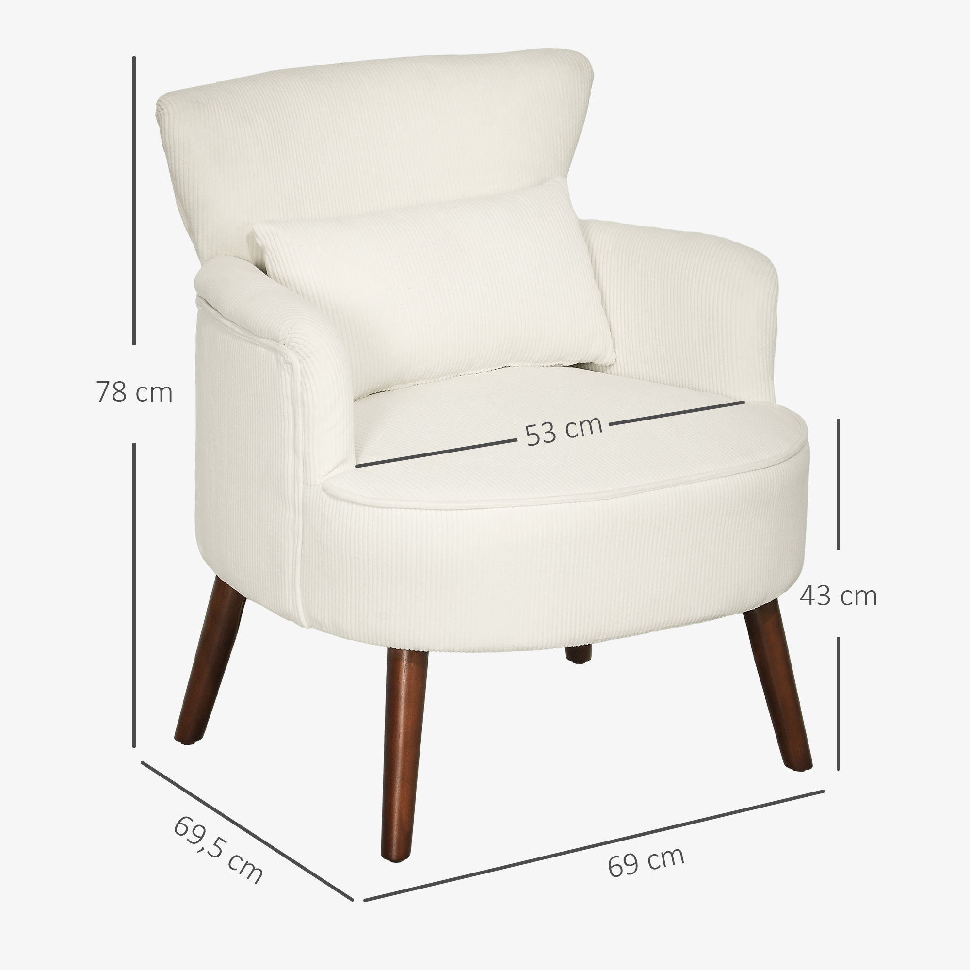 Moderner Armlehnstuhl, Gepolsterter Akzentstuhl mit Lendenkissen, Kautschukholzbeinen, Cremeweiß