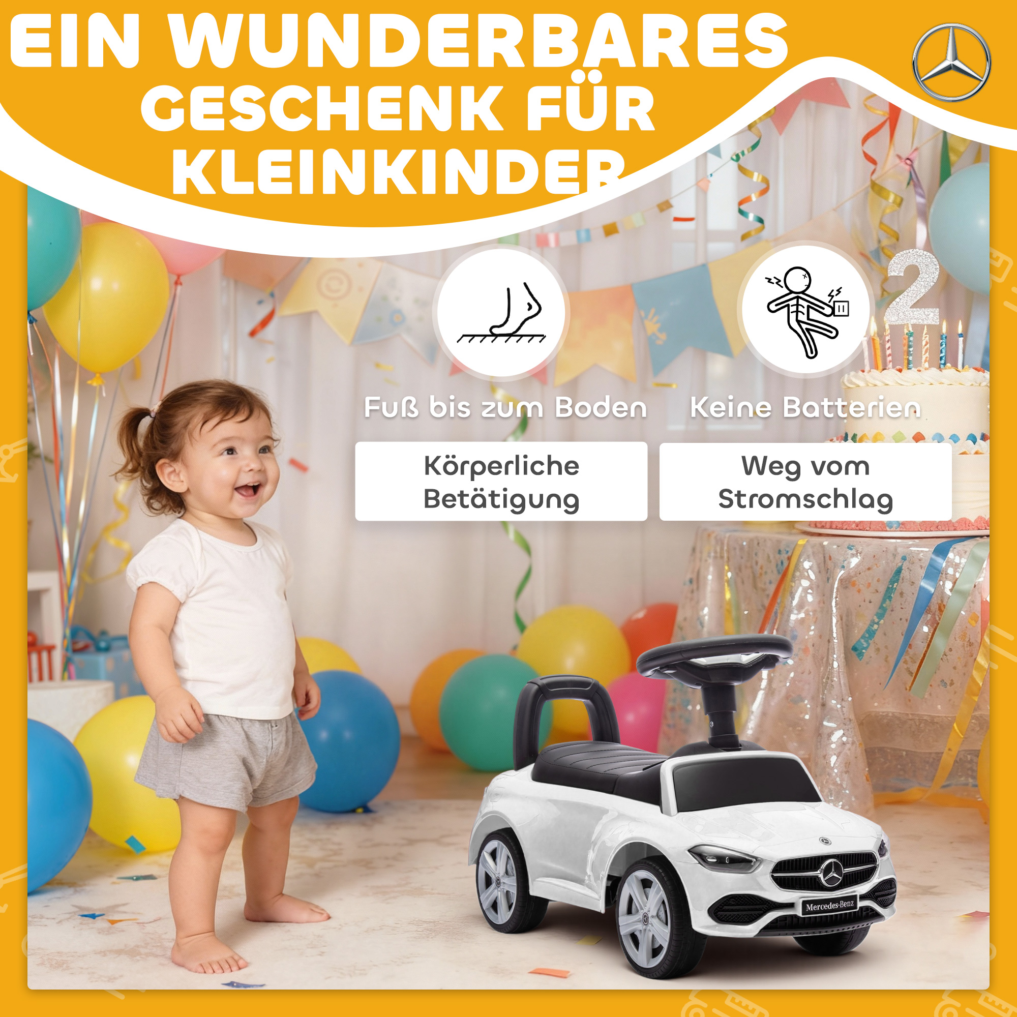 Rutscher Mercedes-Benz C-Class mit Hupe, Motorgeräuschen, Stauraum, für Kinder 18-36 Monate, Weiß