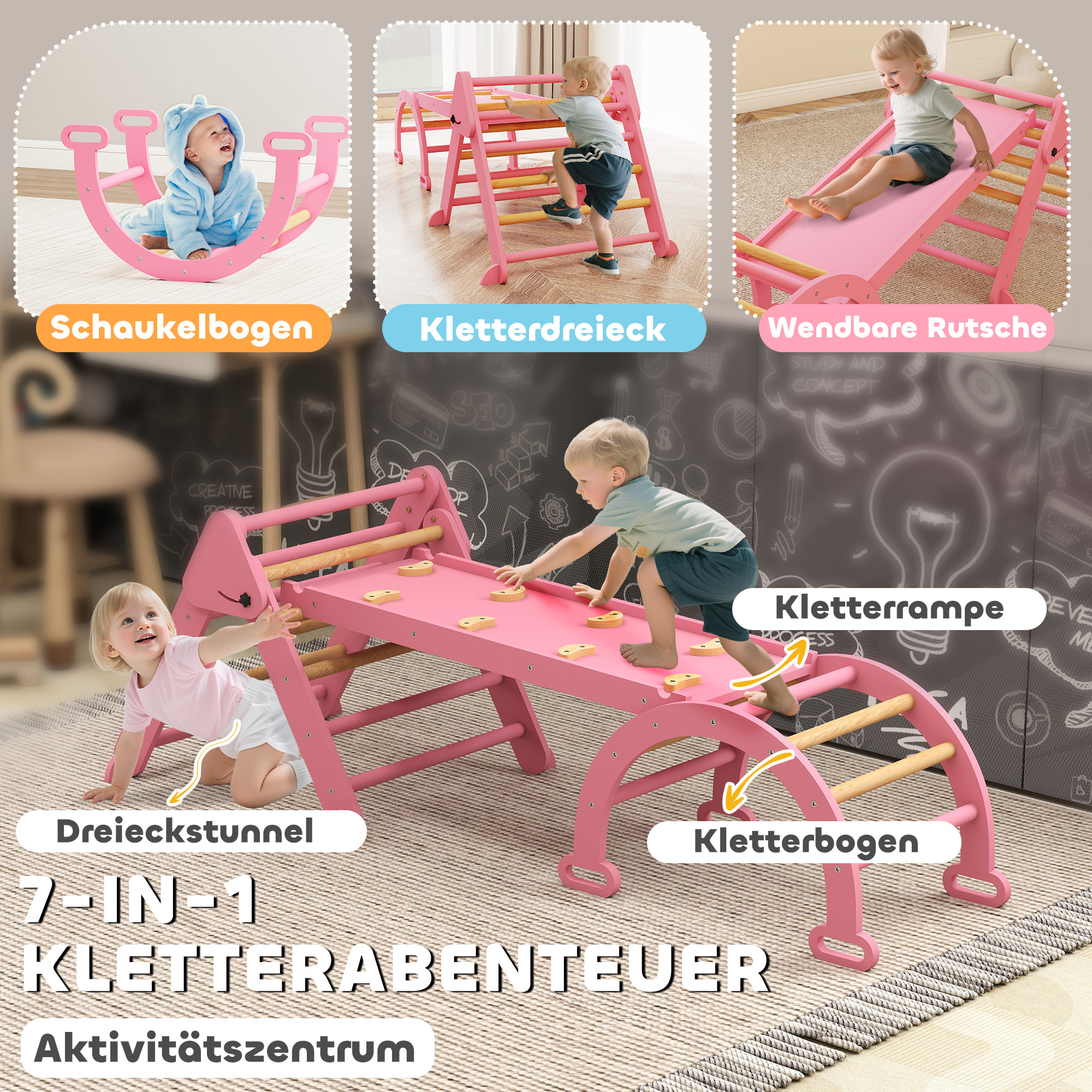 Klettergerüst Indoor, 7 in 1 klappbar Kletterdreieck mit Rutsche, Kletterbogen
