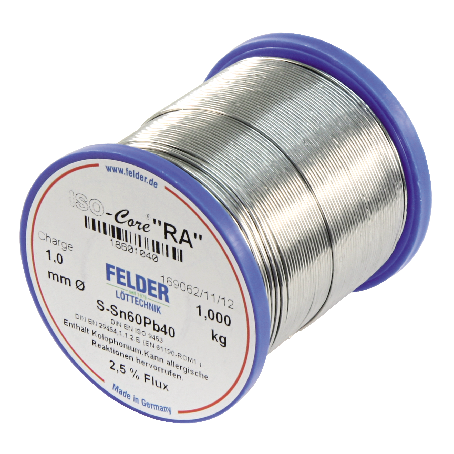 Lötzinn auf Rolle FELDER ISO-Core ''RA'', 1,0mm, 1.000g, bleihaltig (60%Sn 40%Pb)
