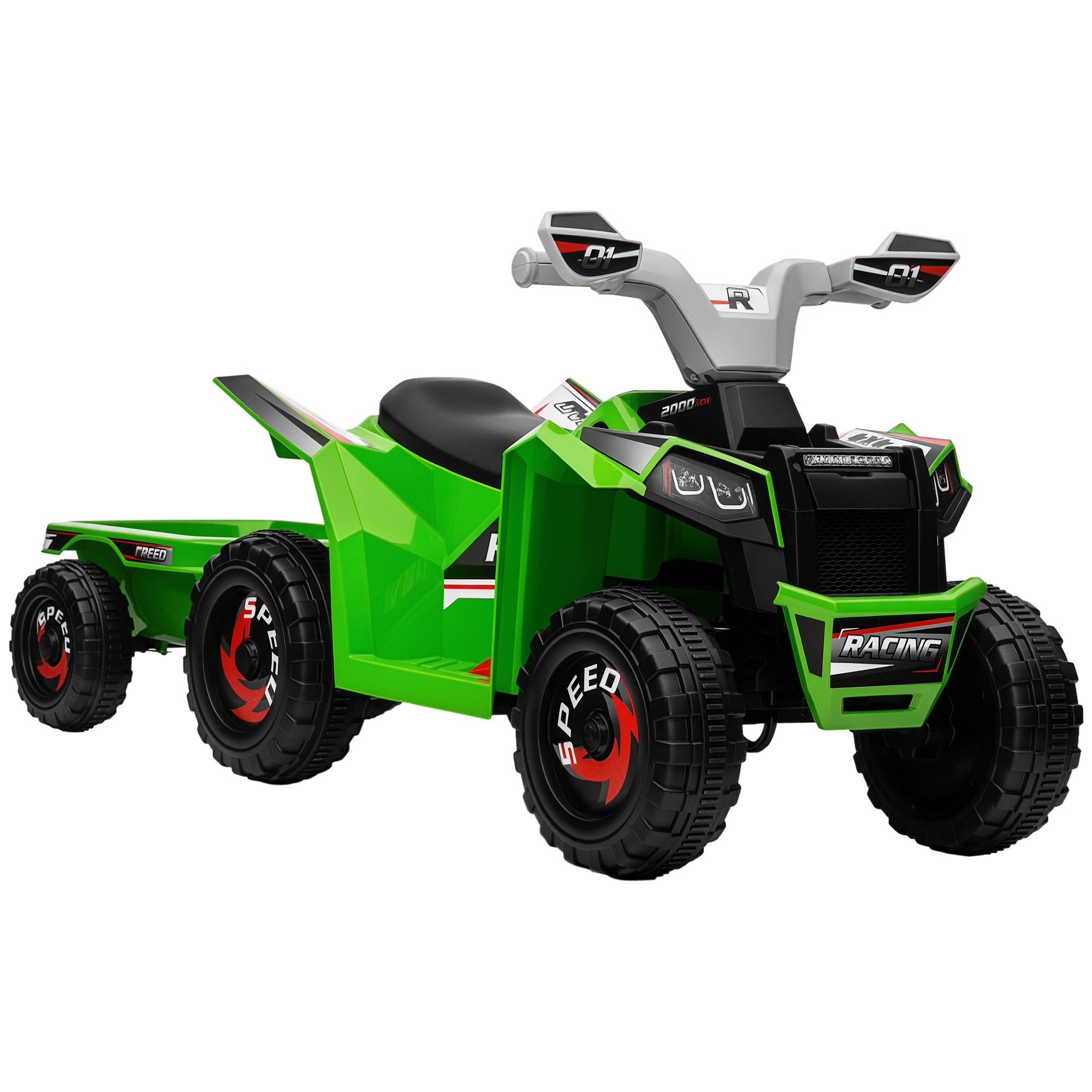 Kinderquad, aufladbar, 2,5 km/h, mit Anhänger, 50 Min, Fahrzeit, für Kinder 1,5 bis 3 Jahre, Grün Kinderquad, aufladbar, 2,5 km/h, mit Anhänger, 50 Min, Fahrzeit, für Kinder 1,5 bis 3 Jahre, Grün